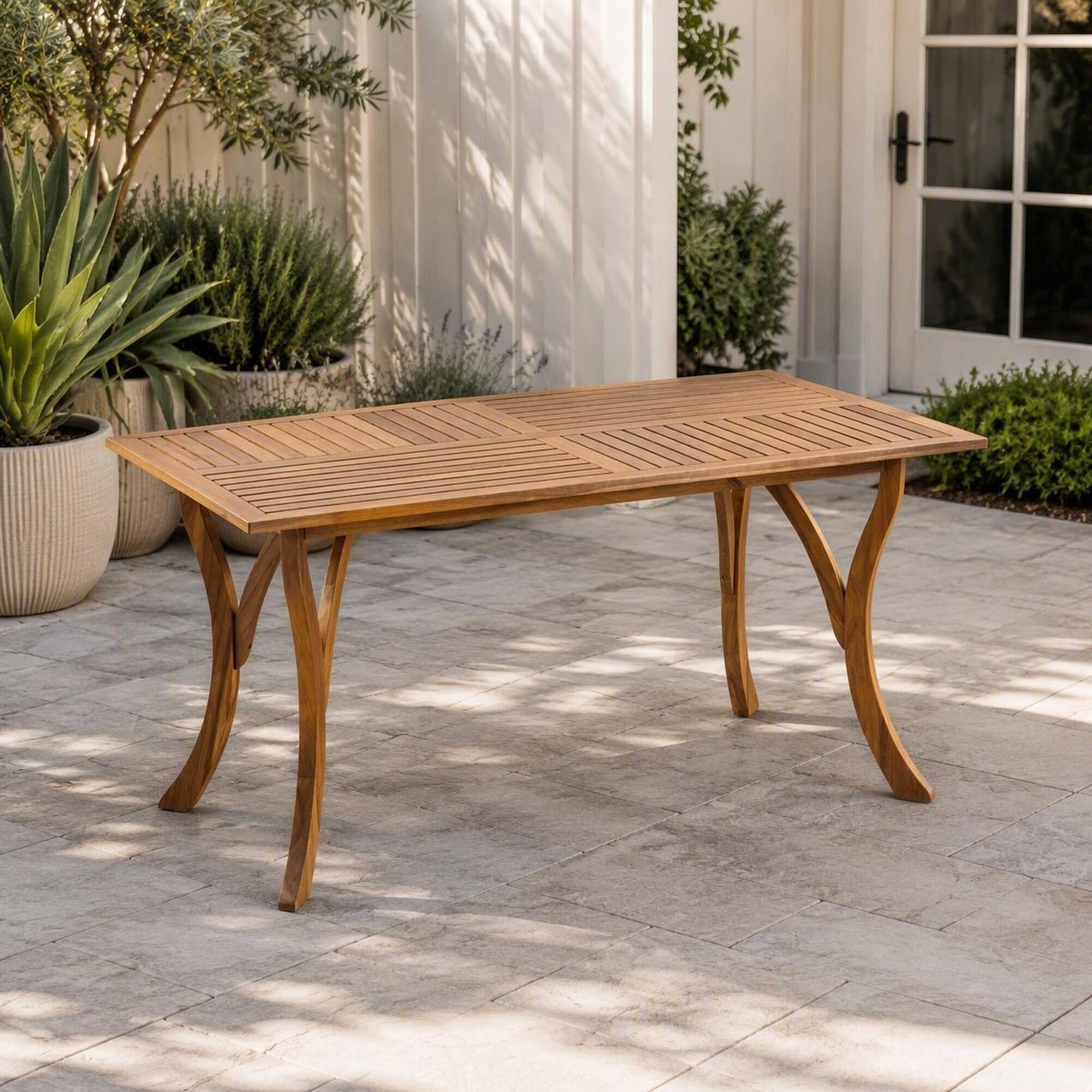 Left. RYHNUYNE - 7‑Piece Outdoor Teak Finish Wood Dining Set,Patio Furniture Dining Set with Rectangular Table & 6 Arm Chairs - Cream,Teak.
