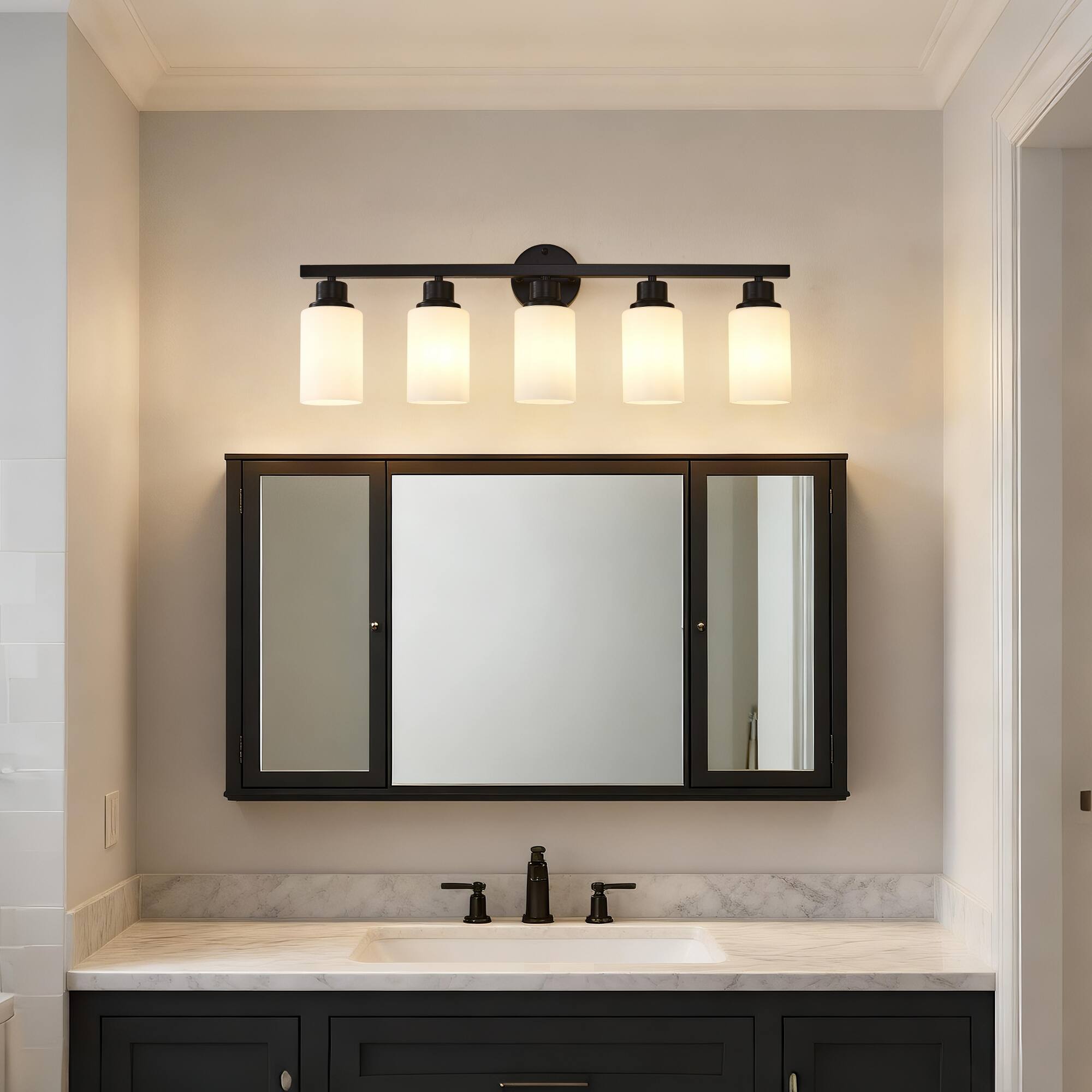 Alt View 3. Boyel Living - 5 Light Matte Black Wall Lamps with White Glass Shades No Bulbs Sconce Lighting for Bedroom Living Room.