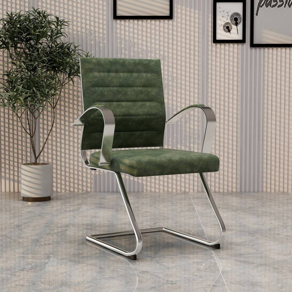 Angle. LeisureMod - Benmar Office Chair, Ribbed Leather Upholstery with Chrome Arms and Sled Base, Modern Desk Seating for Home or Office - Green.