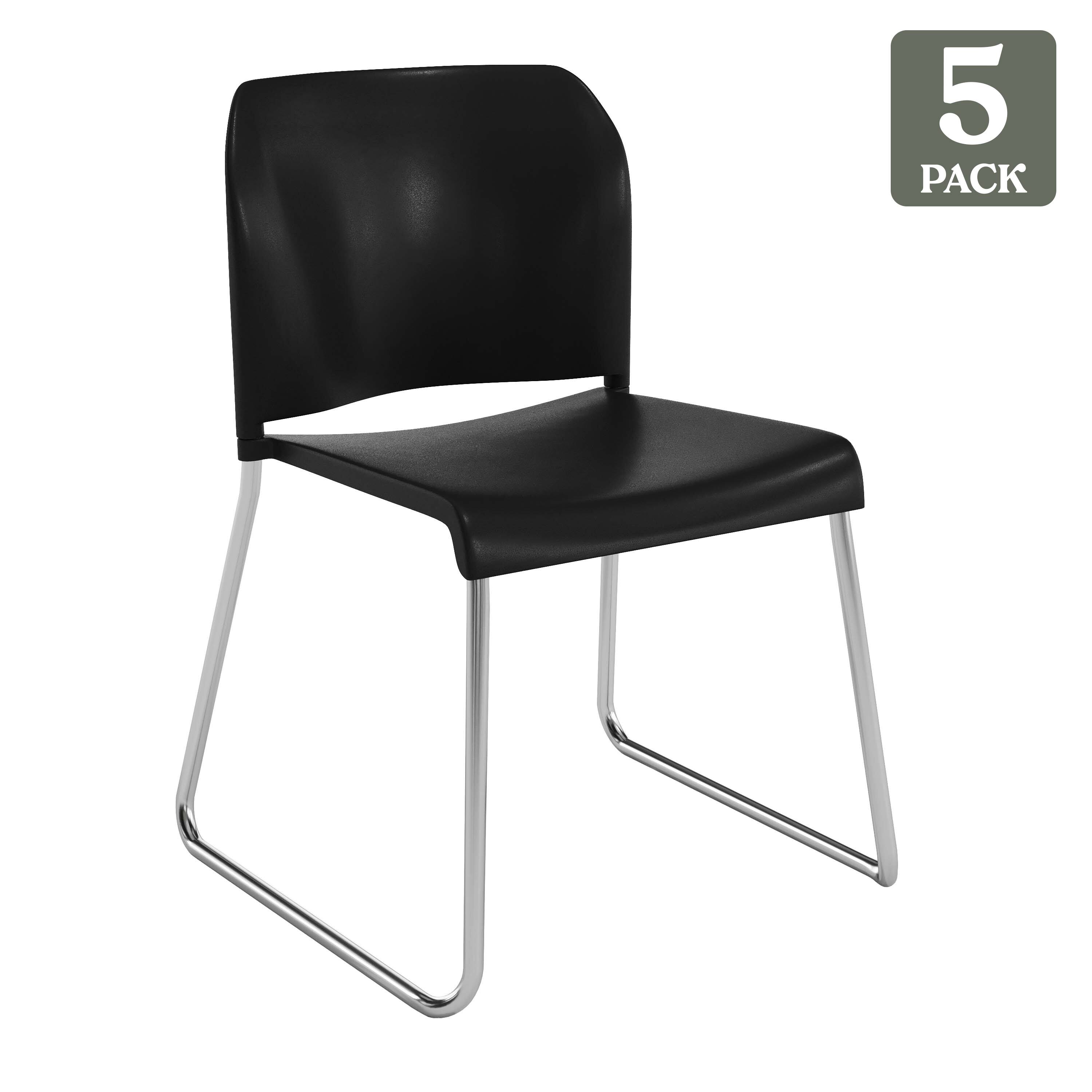 Alt View 1. Emma + Oliver - Calliope Set of 5 Stackable Office Reception Chairs with Chrome Sled Bases - Black Plastic/Chrome Frame.