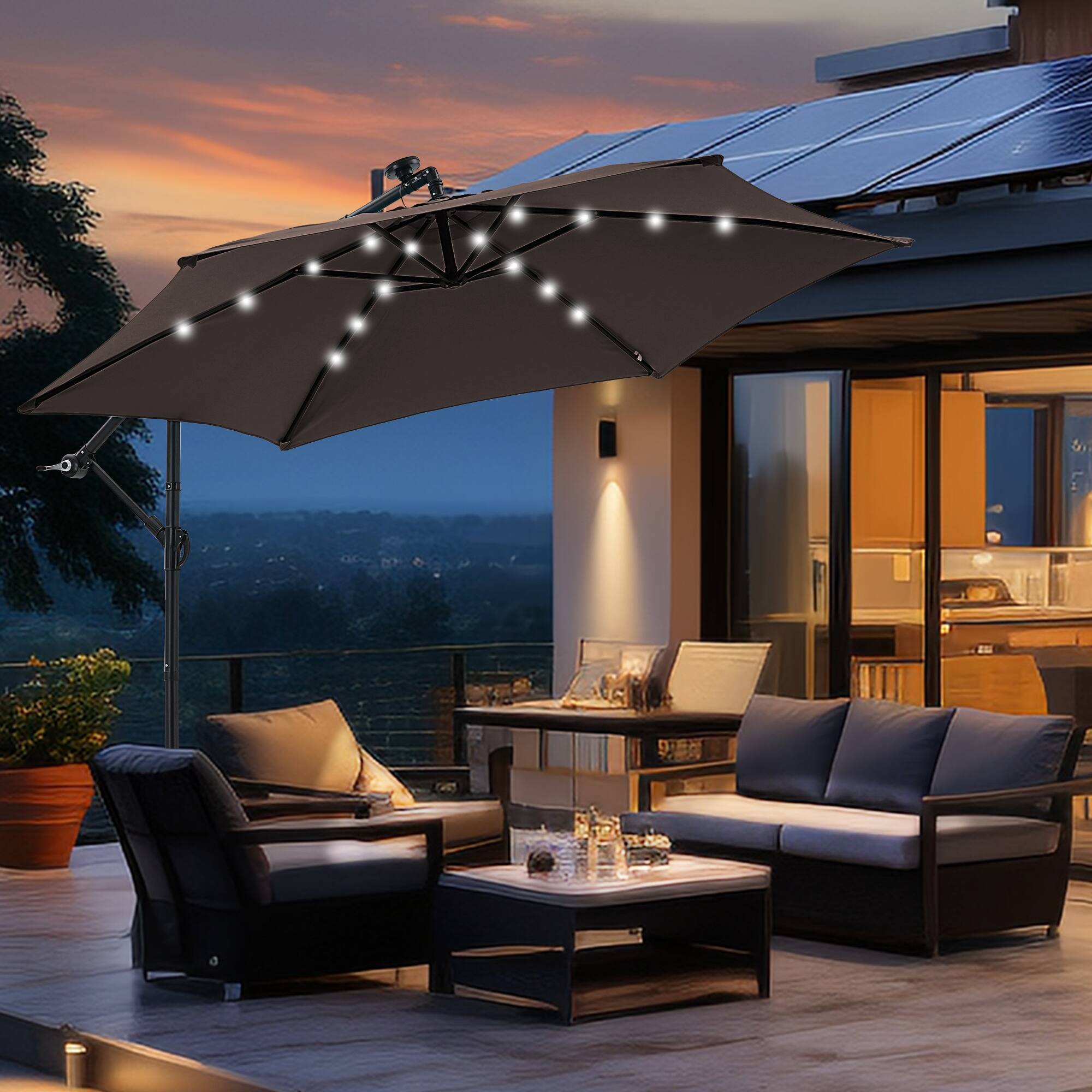 Angle. Ainfox - Ainfox 10FT Solar LED Outdoor Patio Yard Offset Umbrella with Cross Base for Market,Garden,Deck,Backyard,Pool,with light - coffee.