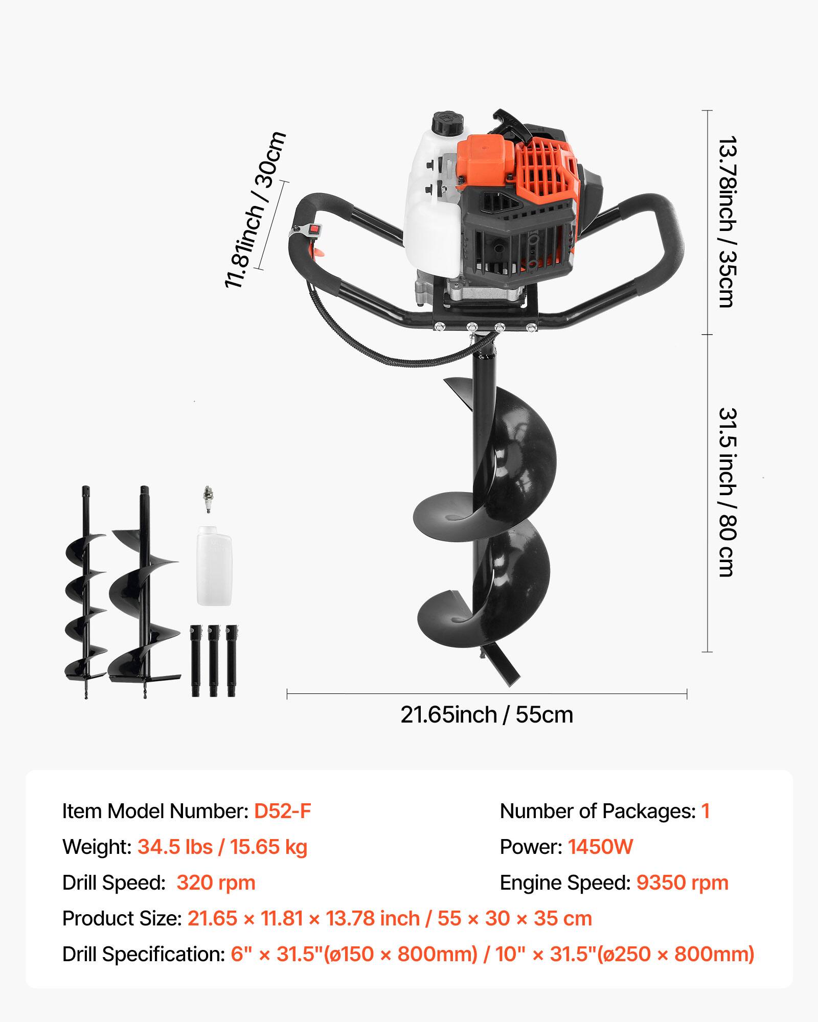 30cm / 11.81inch  
13.78inch / 35cm  
31.5 inch / 80 cm  
21.65inch / 55cm  

Item Model Number: D52-F  
Number of Packages: 1  
Weight: 34.5 lbs / 15.65 kg  
Power: 1450W  
Drill Speed: 320 rpm  
Engine Speed: 9350 rpm  
Product Size: 21.65 x 11.81 x 13.78 inch / 55 x 30 x 35 cm  
Drill Specification: 6" x 31.5" (150 x 800mm) / 10" x 31.5" (250 x 800mm)