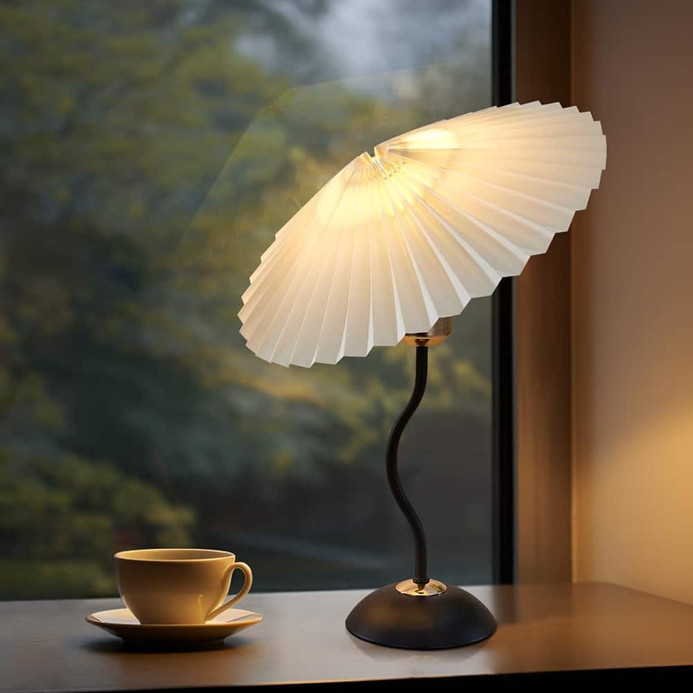 RTMB - Pleated Bedside Table Lamp, Vintage Umbrella Shade, Small Desk Lamp with Bulb