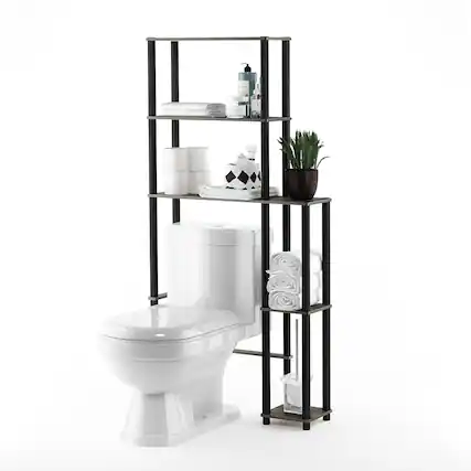 Front. Furinno - TURN-N-TUBE Storage Shelf, 5-Shelf Over Toilet Bathroom Organizer, Freestanig Space Saver Shelves, for Bathroom - Grey Oak/Black.