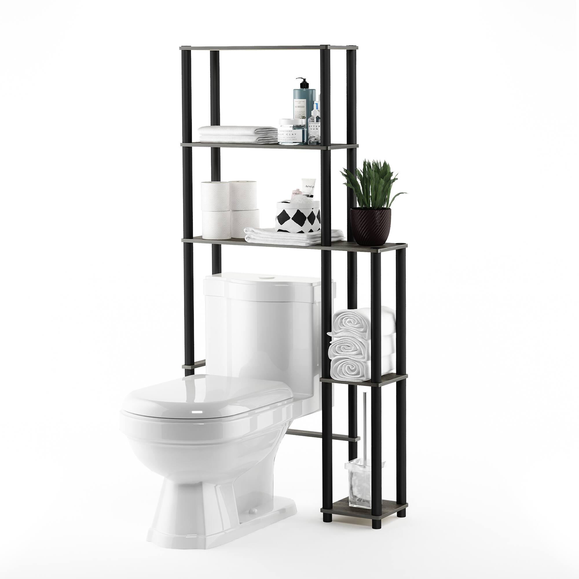 Front. Furinno - TURN-N-TUBE Storage Shelf, 5-Shelf Over Toilet Bathroom Organizer, Freestanig Space Saver Shelves, for Bathroom - Grey Oak/Black.