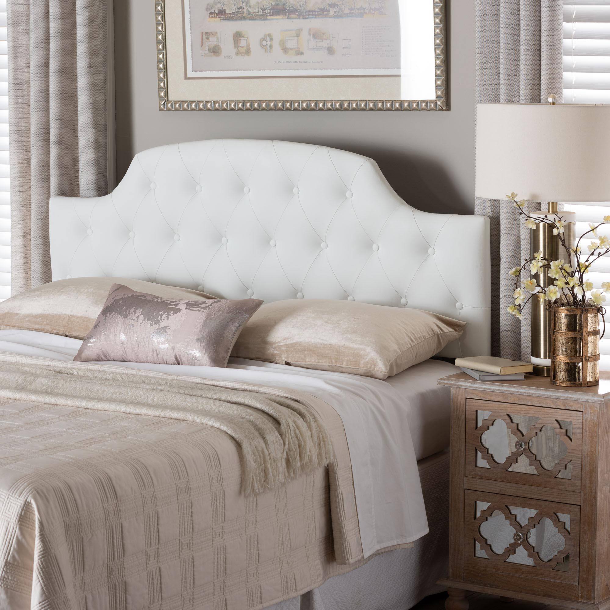 Back. Baxton Studio - Morris Modern and Contemporary Queen Size Faux Leather Upholstered Button-tufted Scalloped Headboard - White.