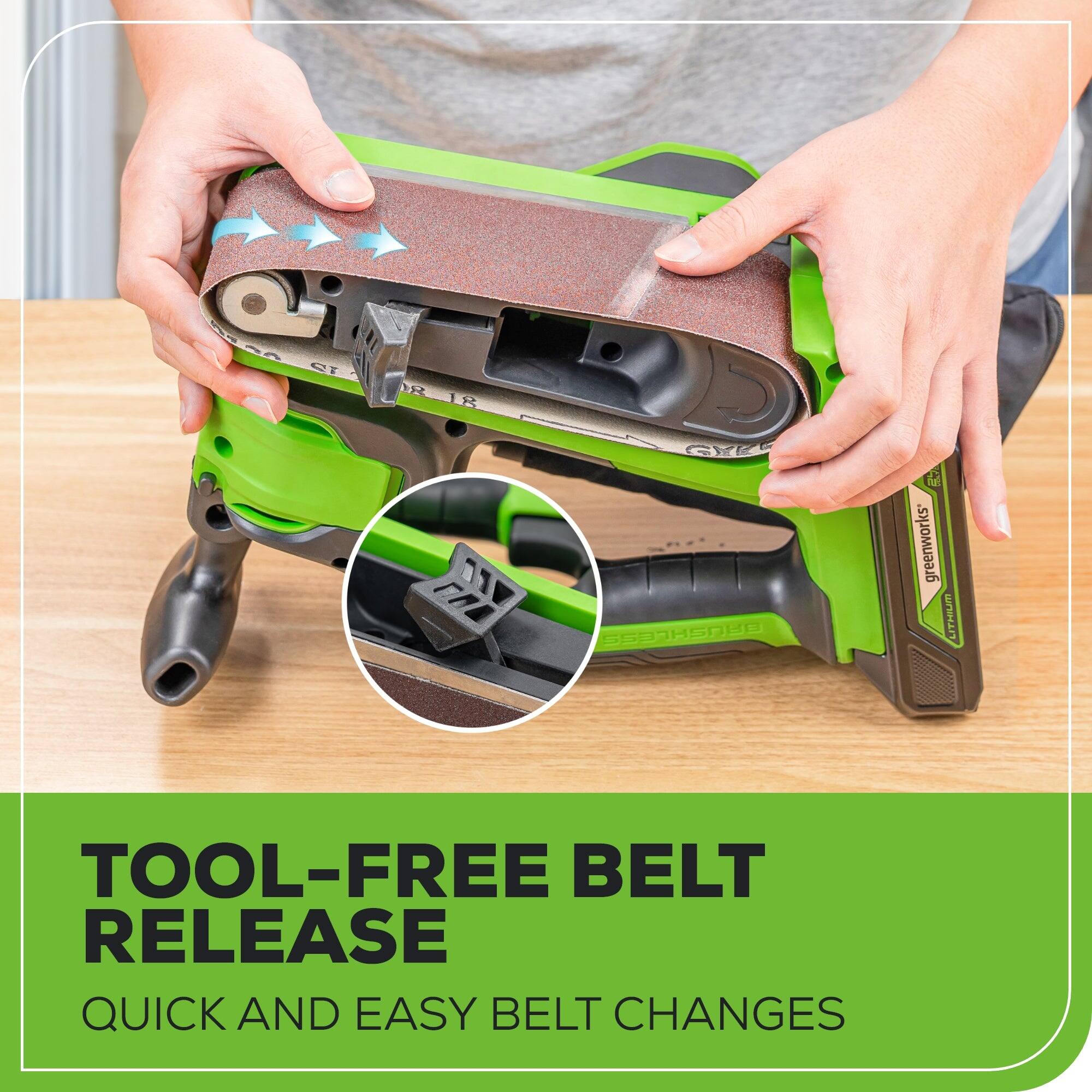 OT NE 12 GYE SS3NHSNE greenworks LITHIUM TOOL-FREE BELT RELEASE QUICK AND EASY BELT CHANGES