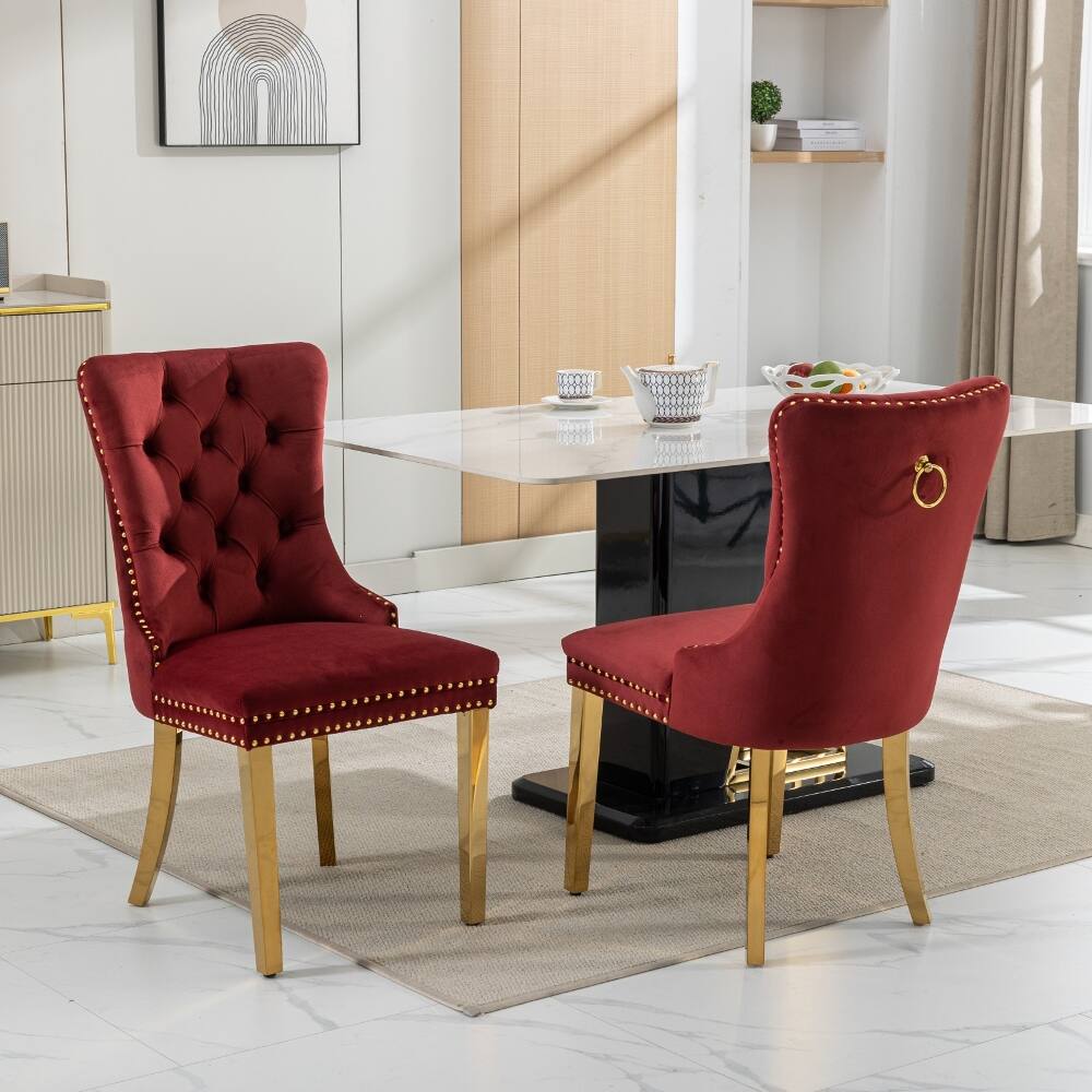Alt View 9. Loheer - Loheer Velvet Dining Chairs Tufted Burgundy Upholstered Set of 2 with Gold Legs - Burgundy.