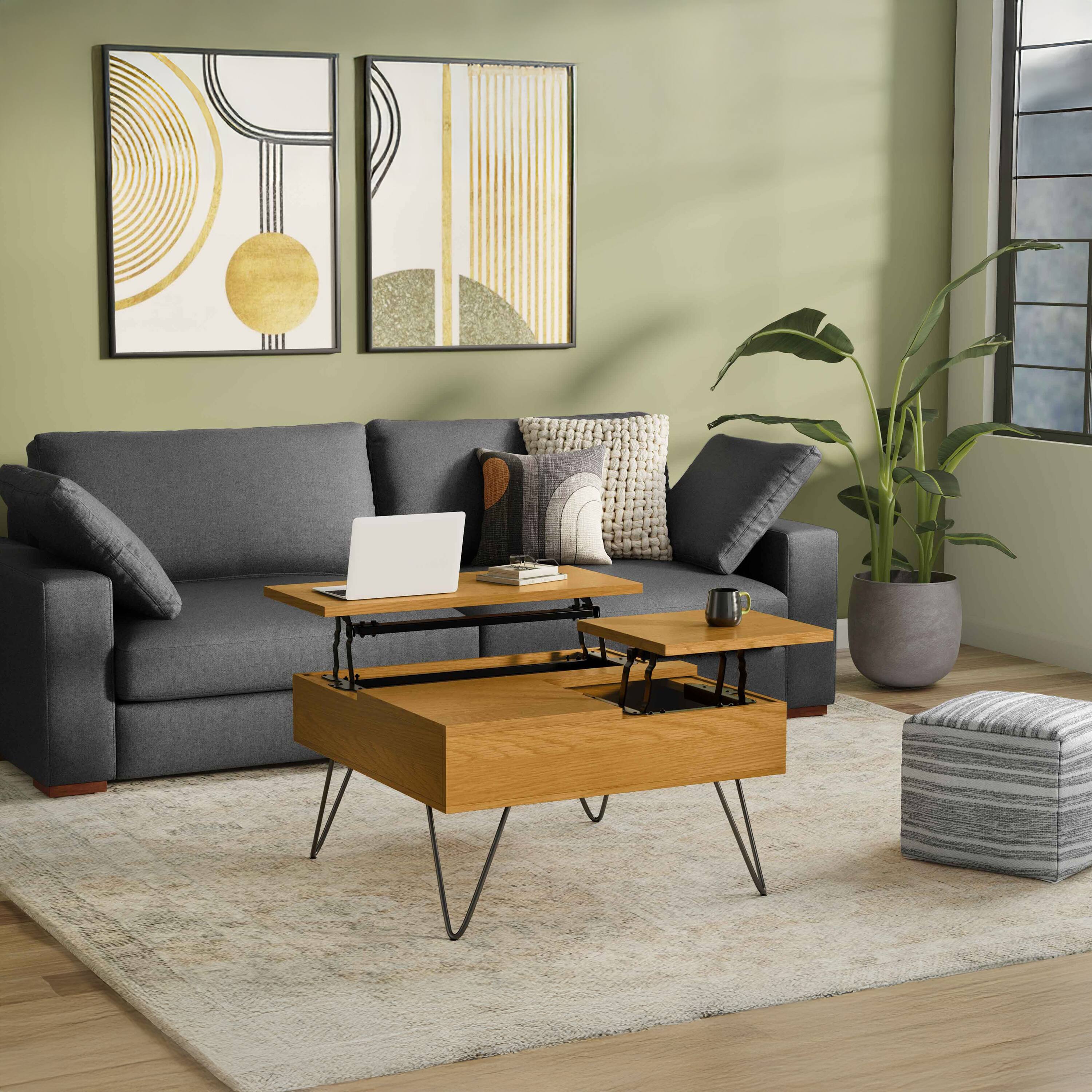 Left. Simpli Home - Hunter 32 inch Wide Solid Wood Lift Top Square Coffee Table in Oak - Oak.