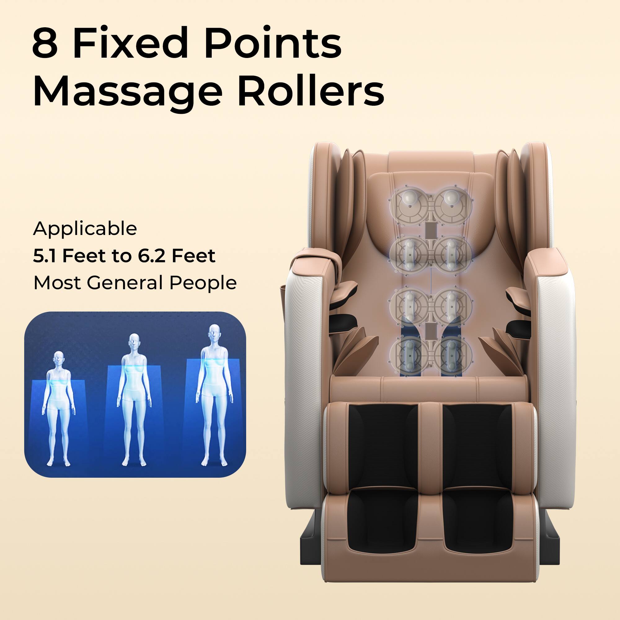 8 Fixed Points Massage Rollers

Applicable  
5.1 Feet to 6.2 Feet  
Most General People