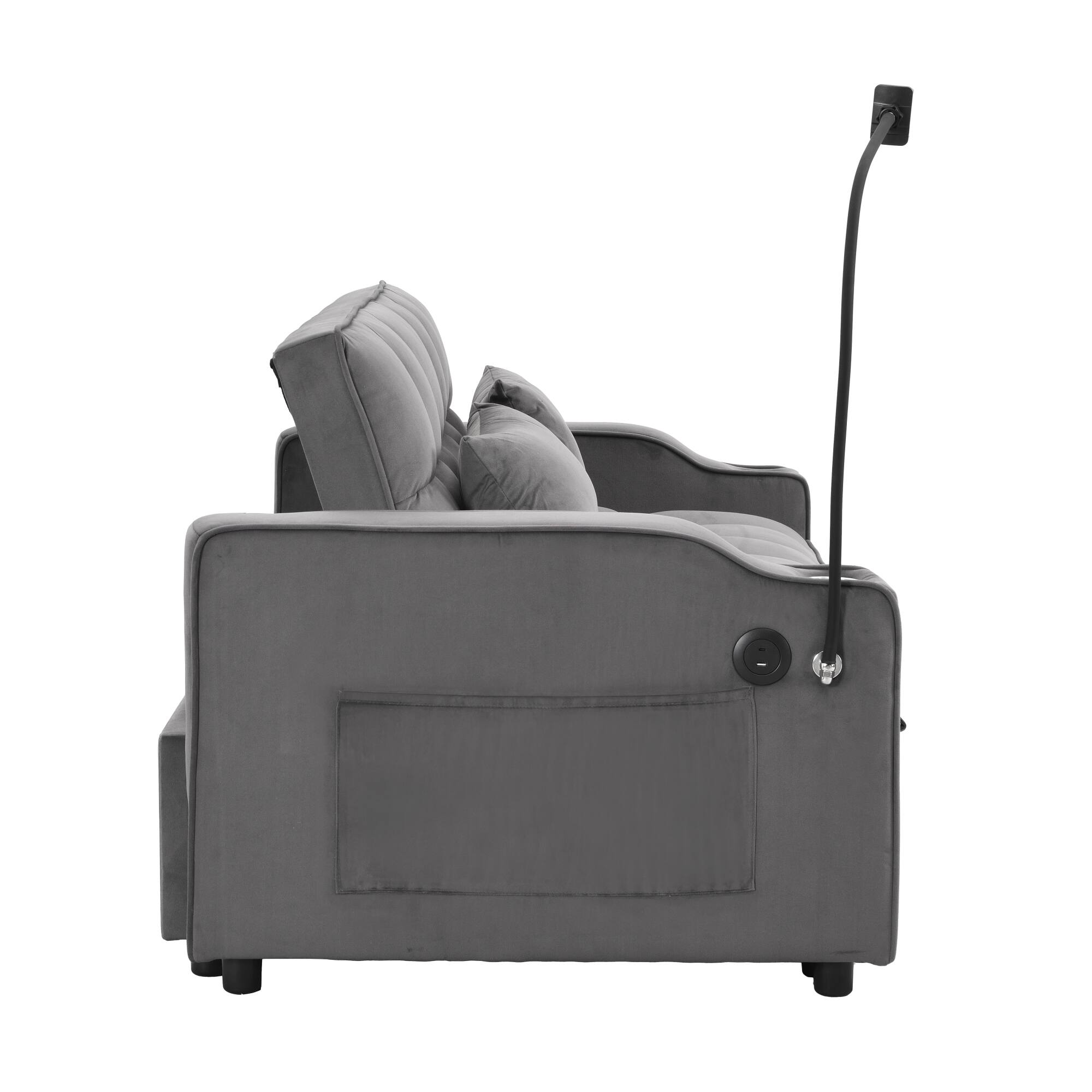Alt View 2. GOODSILO - Convertible Velvet Sofa Bed with Adjustable Backrest, USB Ports, and Storage Pockets for Compact Living Spaces - Dark Grey.