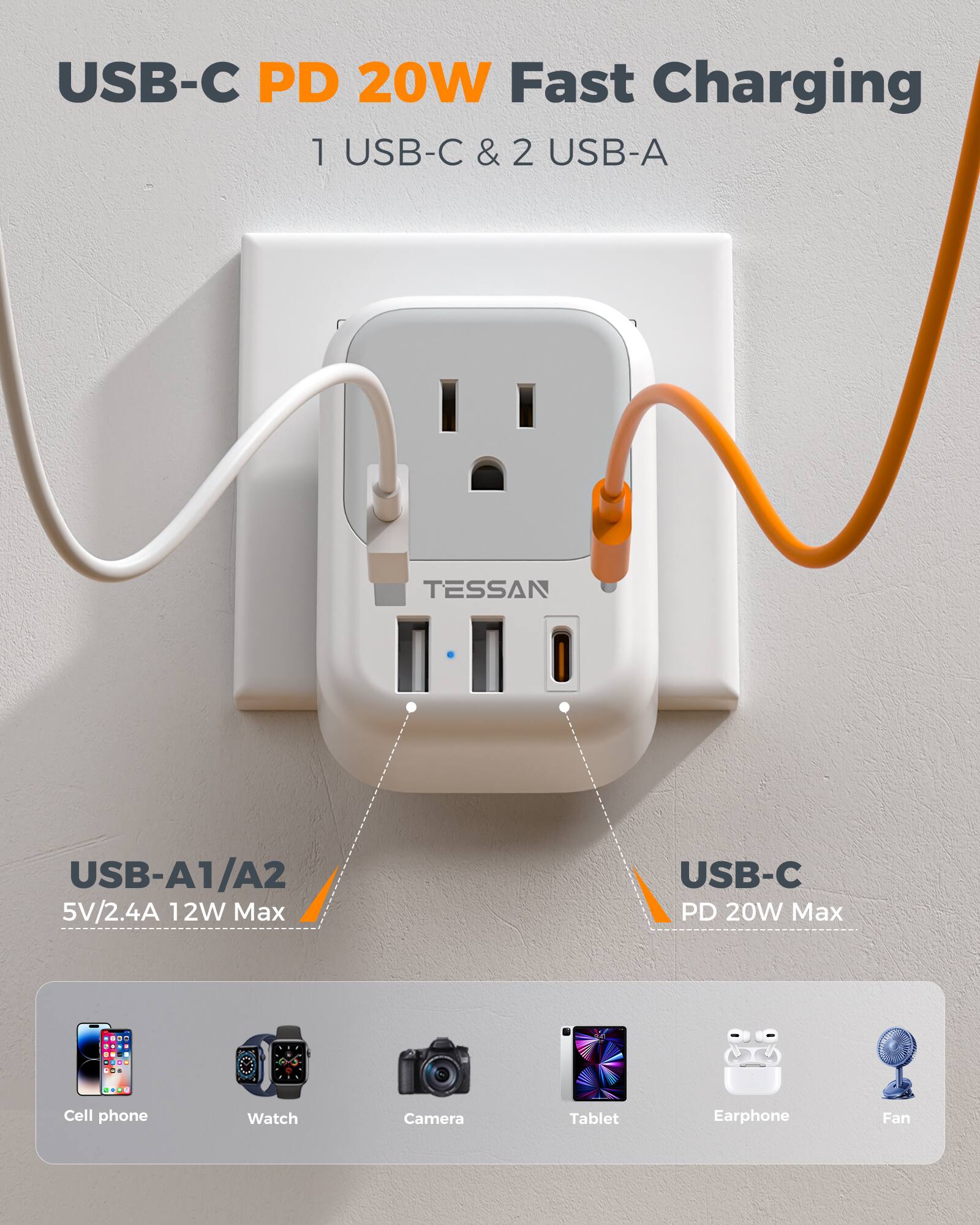 USB-C PD 20W Fast Charging  
1 USB-C & 2 USB-A  
TESSAN  
USB-A1/A2 5V/2.4A 12W Max  
USB-C PD 20W Max  
Cell phone  
Watch  
Camera  
Tablet  
Earphone  
Fan