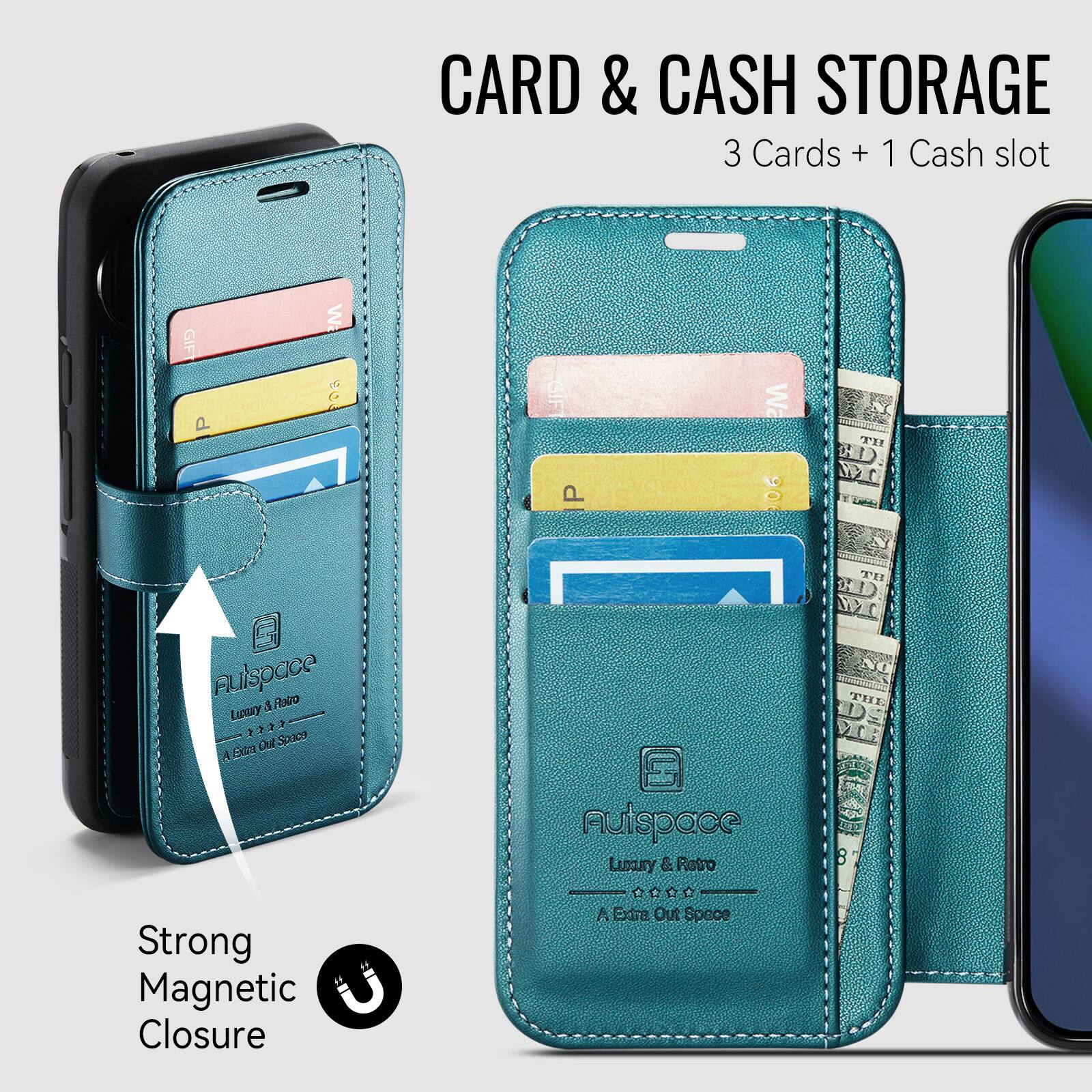 CARD & CASH STORAGE  
3 Cards + 1 Cash slot  

Auispace  
Luxury & Retro  
A Extra Out Space  

Strong Magnetic Closure