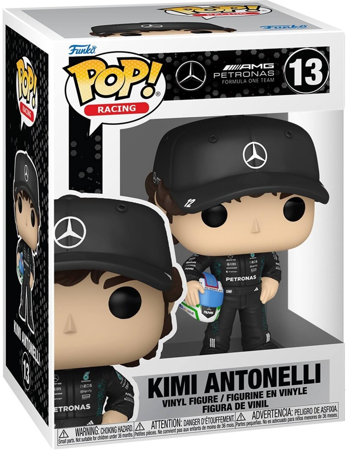 Sure, here is the corrected and grouped text from the image:

---

**Front:**

- **Funko POP!**
- **RACING**
- **AMG PETRONAS FORMULA ONE TEAM**
- **13**
- **KIMI ANTONELLI**
- **VINYL FIGURE / FIGURINE EN VINYLE / FIGURA DE VINIL**

**Warning:**
- **WARNING: CHOKING HAZARD.** Small parts. Not suitable for children under 36 months.
- **ATTENTION: DANGER D'ÉTOUFFEMENT.** Petites pièces. Ne convient pas aux enfants de moins de 36 mois.
- **ADVERTENCIA: PELIGRO DE ASFIXIA.** Partes pequeñas. No es adecuado para niños menores de 36 meses.

**Side:**

- **Funko POP!**
- **RACING**
- **KIMI ANTONELLI**
- **13**

**Back:**

- **Funko POP!**
- **RACING**
- **AMG PETRONAS FORMULA ONE TEAM**
- **13**
- **KIMI ANTONELLI**
- **