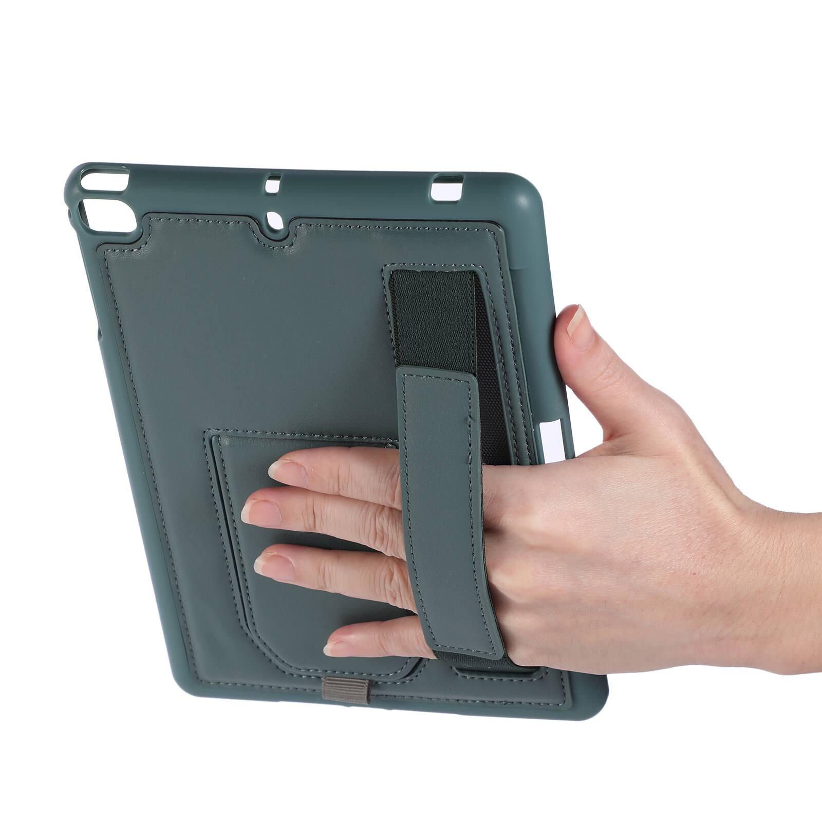 Angle. Dteck - Shockproof Case for Apple iPad mini (5th Generation) 2019 with Hand Strap and Kickstand, PU Leather TPU Protective Cover - Darkgreen.