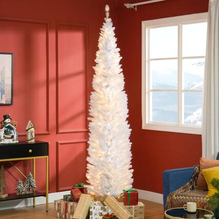 Front. VAVSEA - 8 ft Pre-Lit Pencil Christmas Tree, 618 Tips Slim Artificial Xmas Tree with 300 Warm White LED Lights & Stand - White.
