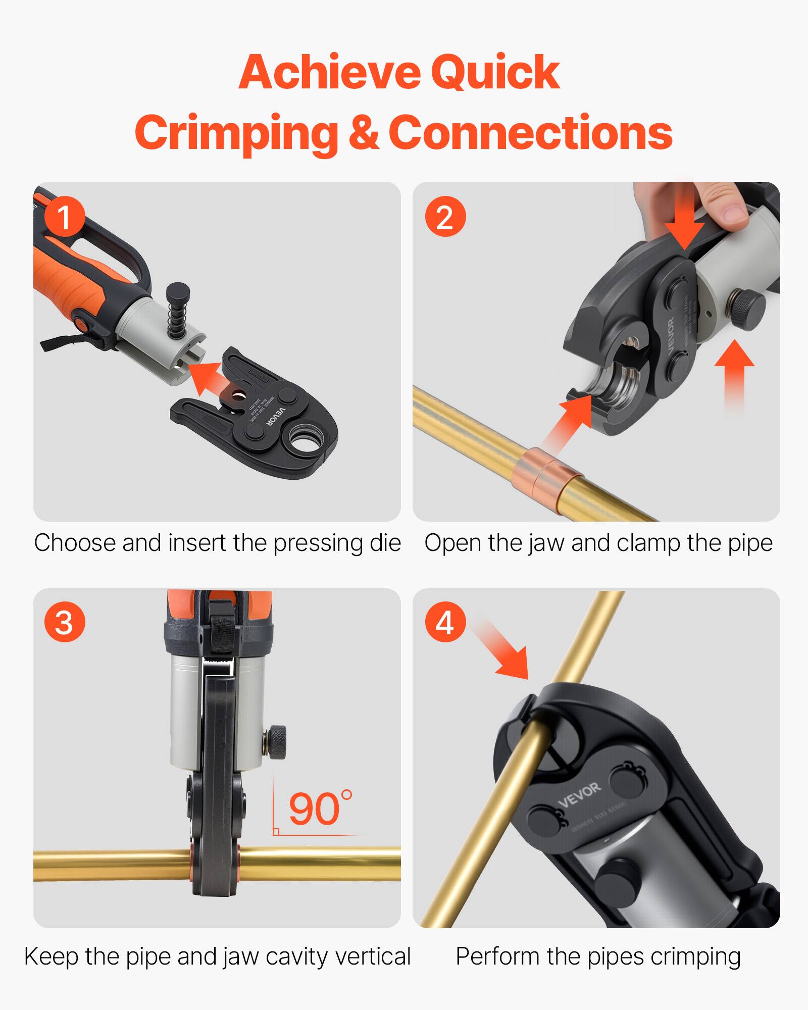 Achieve Quick Crimping & Connections

1. Choose and insert the pressing die
2. Open the jaw and clamp the pipe
3. Keep the pipe and jaw cavity vertical
4. Perform the pipes crimping