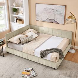 Anysun - Queen Velvet Tufted Sofa Bed Frame - with Comfortable Backrest & Armrests for Bedroom or Living Room - Beige