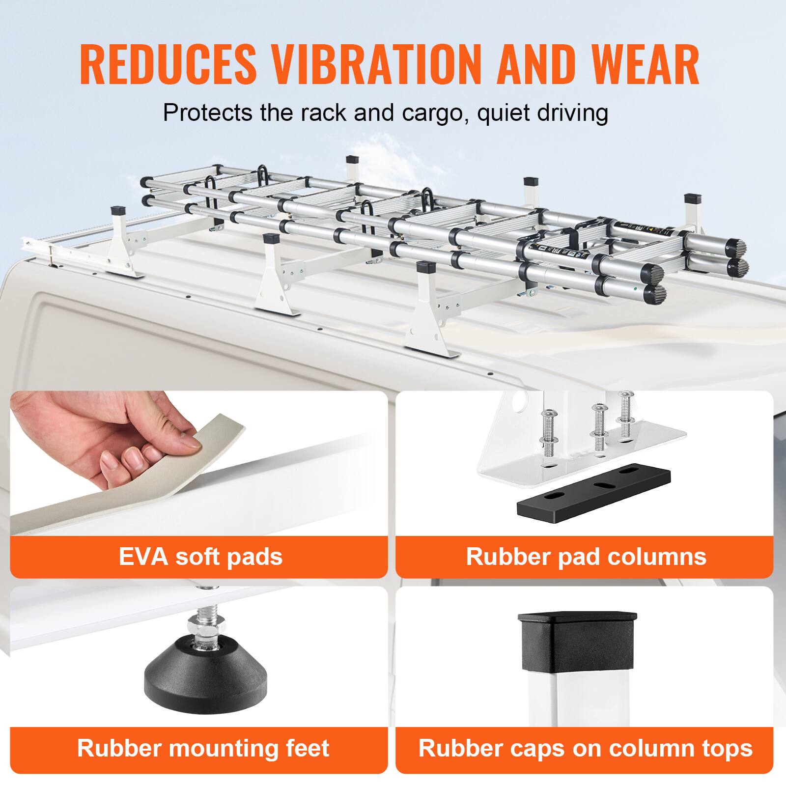 REDUCES VIBRATION AND WEAR  
Protects the rack and cargo, quiet driving  

EVA soft pads  
Rubber pad columns  
Rubber mounting feet  
Rubber caps on column tops