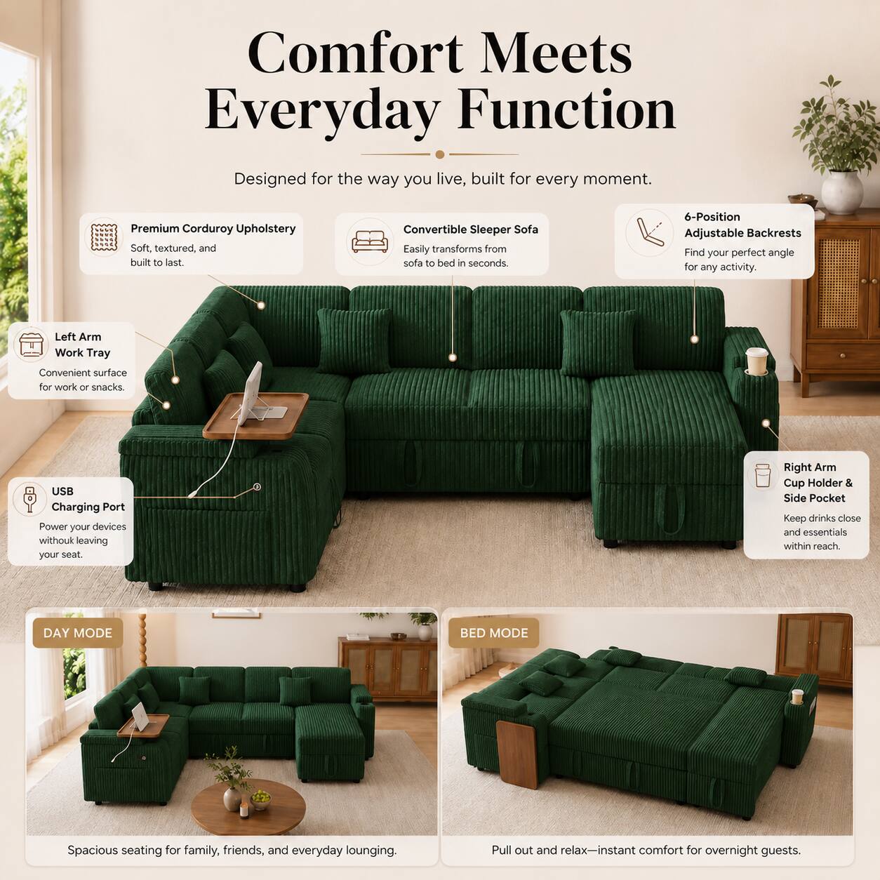 Comfort Meets Everyday Function  
Designed for the way you live, built for every moment.  

Premium Corduroy Upholstery  
Soft, textured, and built to last.  

Convertible Sleeper Sofa  
Easily transforms from sofa to bed in seconds  

6-Position Adjustable Backrests  
Find your perfect angle for any activity.  

Left Arm Work Tray  
Convenient surface for work or snacks  

USB Charging Port  
Power your devices without leaving your seat  

Right Arm Cup Holder & Side Pocket  
Keep drinks close and essentials within reach  

DAY MODE  
Spacious seating for family, friends, and everyday lounging  

BED MODE  
Pull out and relax—instant comfort for overnight guests.