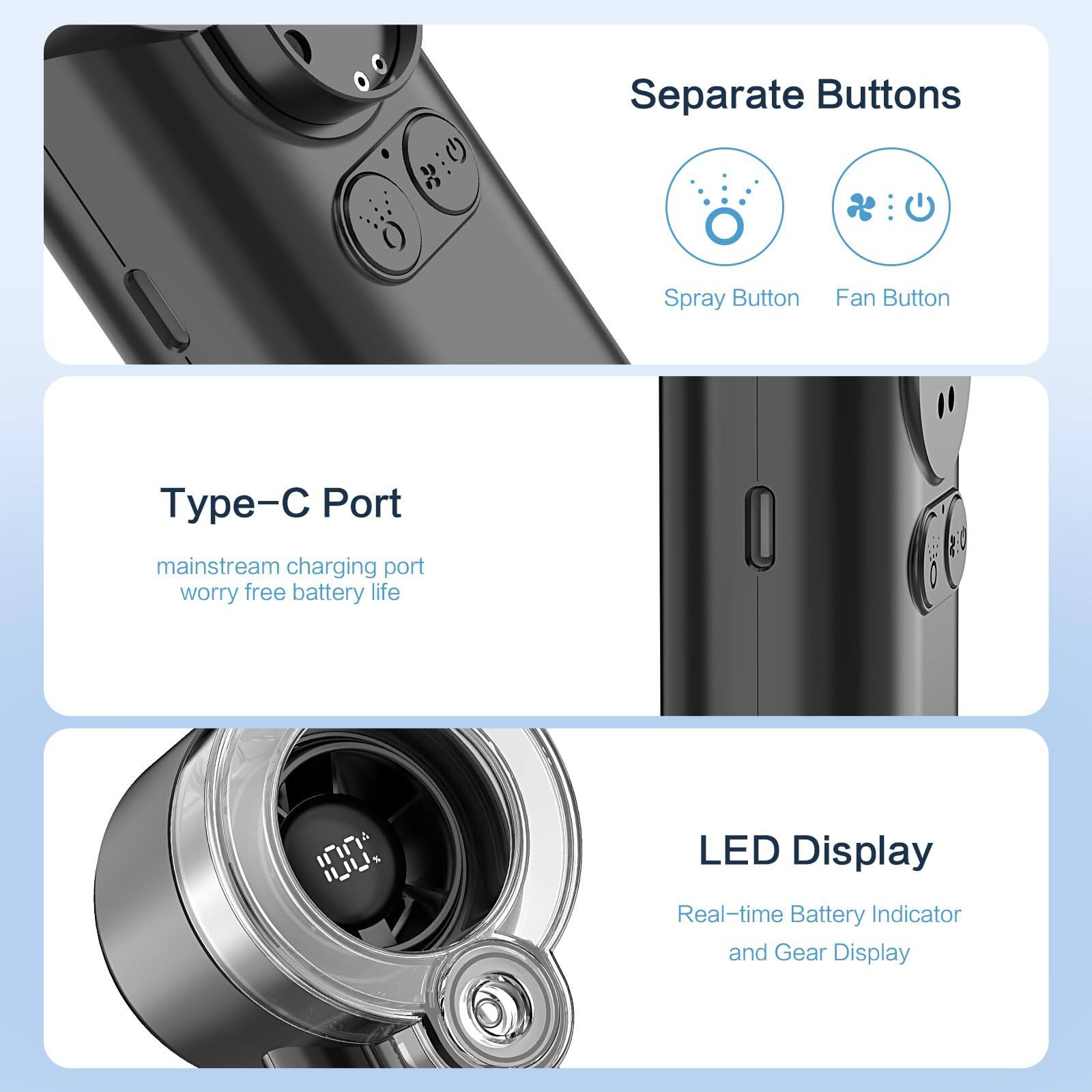 Separate Buttons: Spray Button, Fan Button

Type-C Port: mainstream charging port, worry-free battery life

LED Display: Real-time Battery Indicator and Gear Display