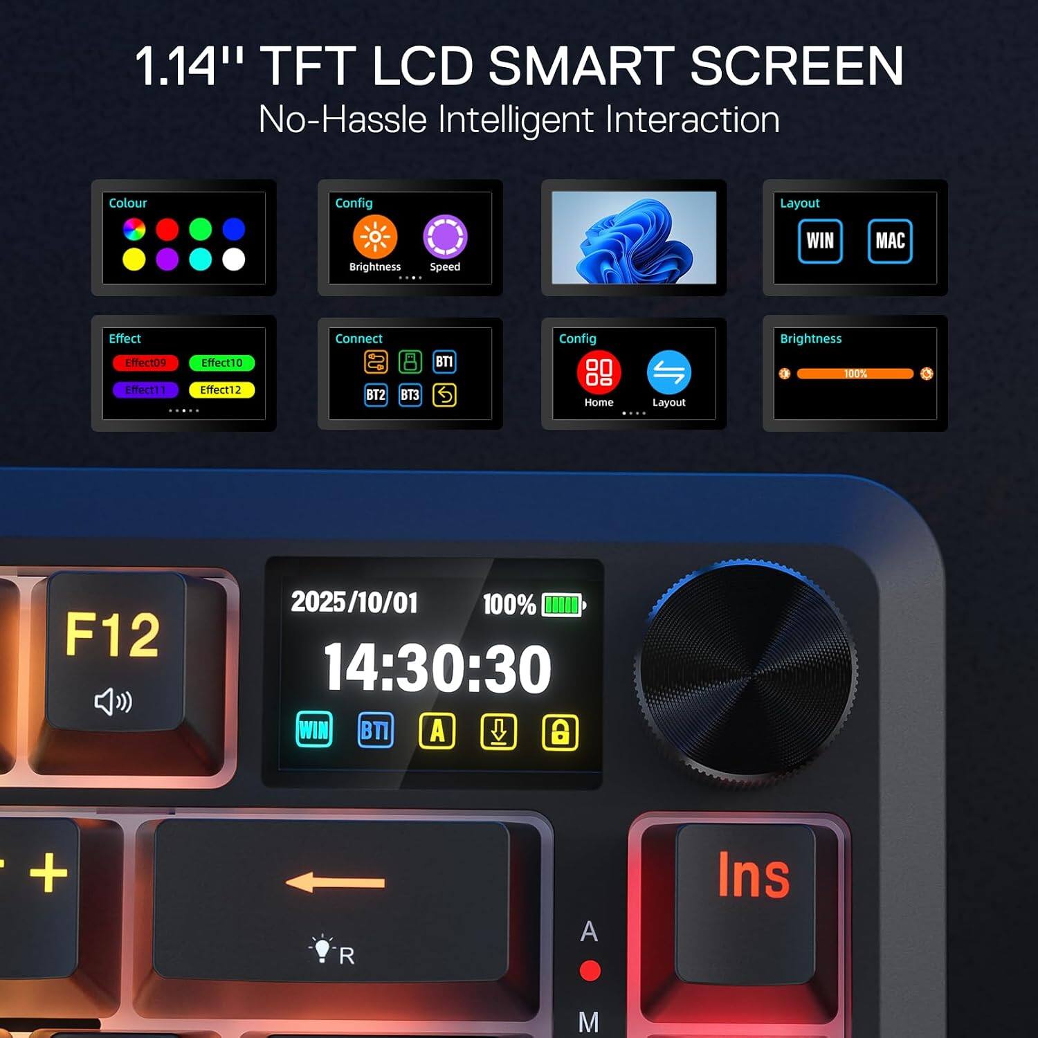 1.14" TFT LCD SMART SCREEN  
No-Hassle Intelligent Interaction

Colour  
Config  
Layout  
Brightness  
Speed  
WIN  
MAC  
Effect  
Effect09  
Effect10  
Effect11  
Effect12  
Connect  
BT1  
BT2  
BT3  
Config  
Home  
Layout  
Brightness 100%  
F12  
2025/10/01 100% 14:30:30  
WIN  
A  
Ins  
M
