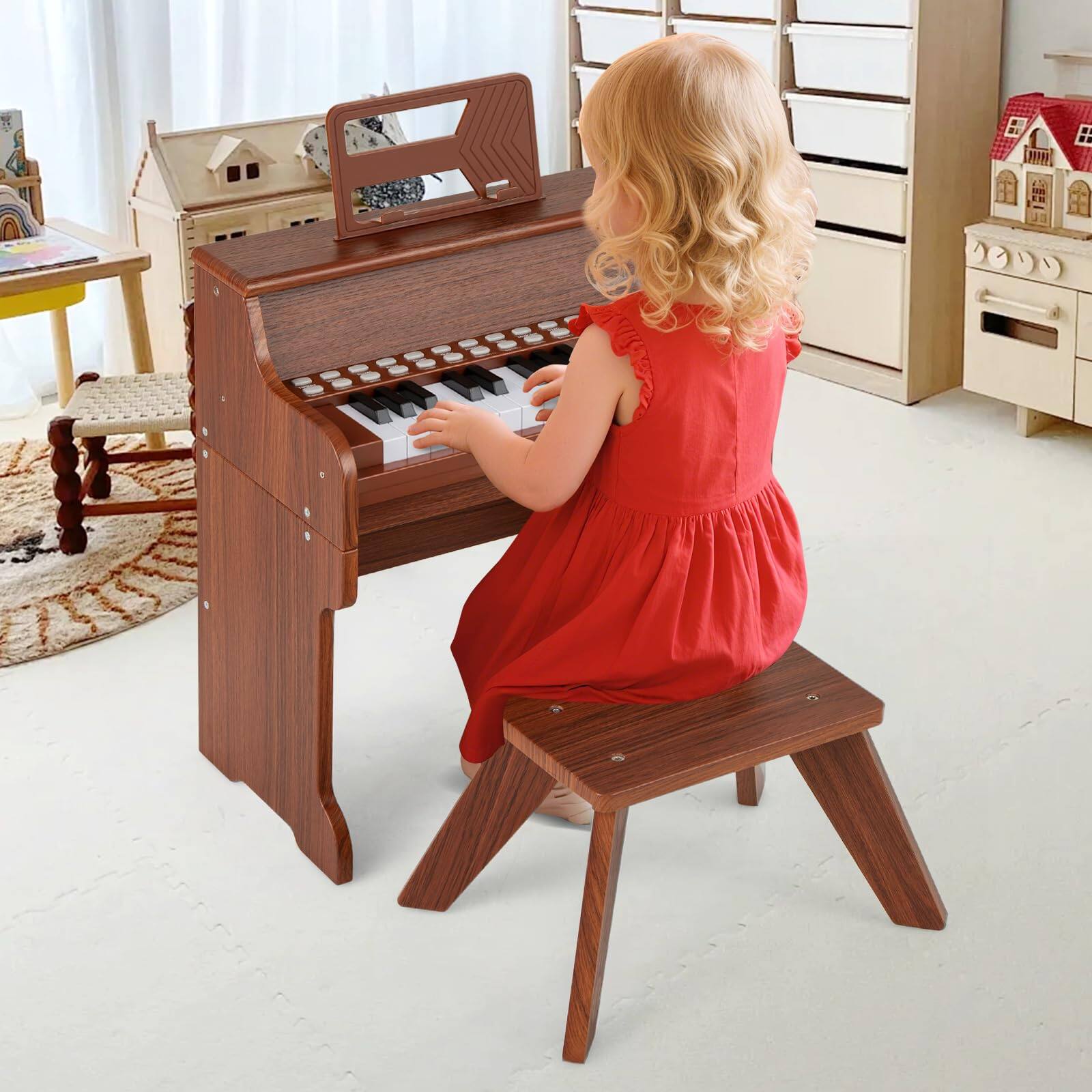 Alt View 8. Ecooso - 25-Key Kids Piano with Stool, Mini Digital Keyboard, Adjustable Tempo and Volume, Wooden Toy.