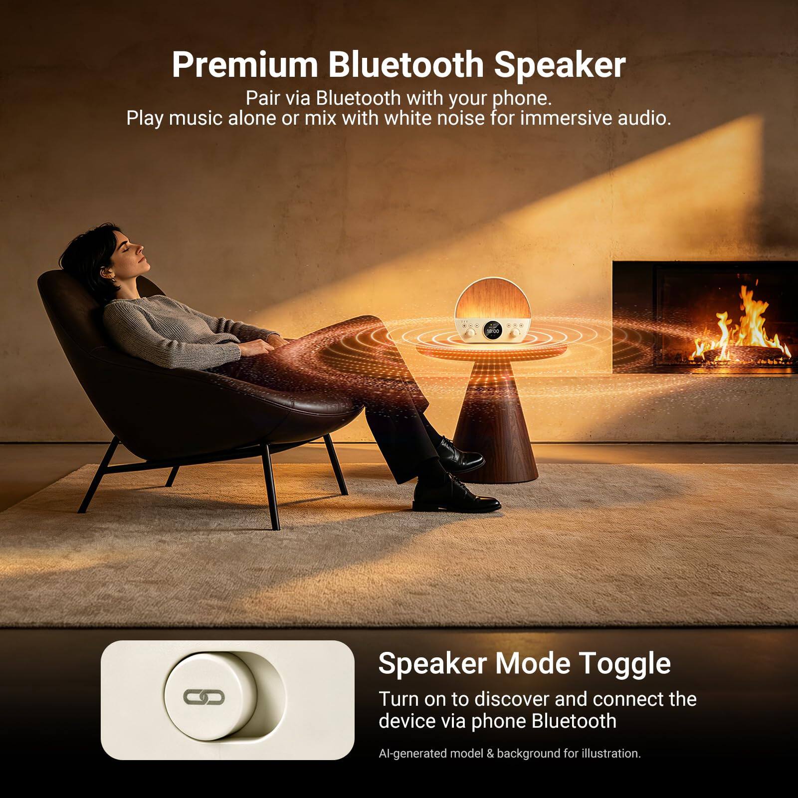 Premium Bluetooth Speaker

Pair via Bluetooth with your phone. Play music alone or mix with white noise for immersive audio.

Speaker Mode Toggle

Turn on to discover and connect the device via phone Bluetooth

AI-generated model & background for illustration.