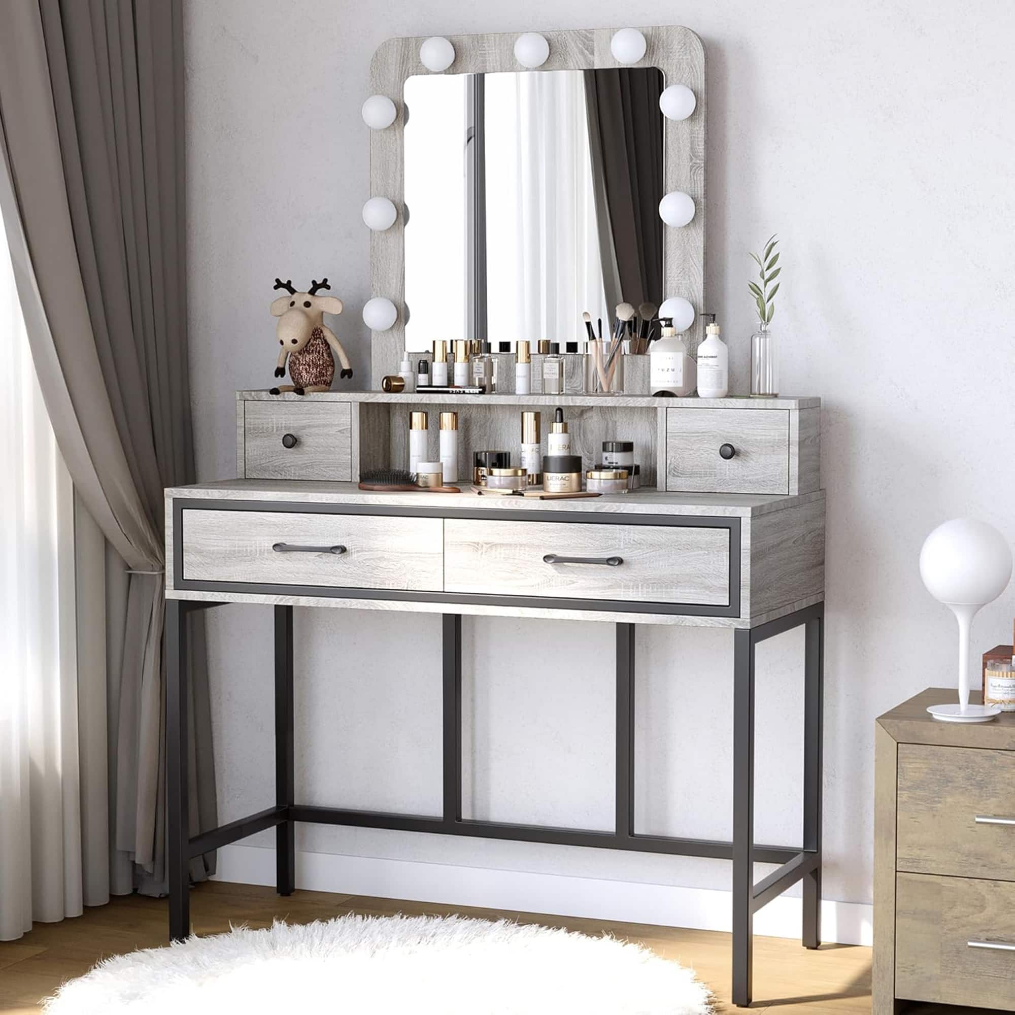 RoyalCraft - Vanity Desk for Makeup with Mirror, Dimmable Lights & Drawers, Grey - Light Gray