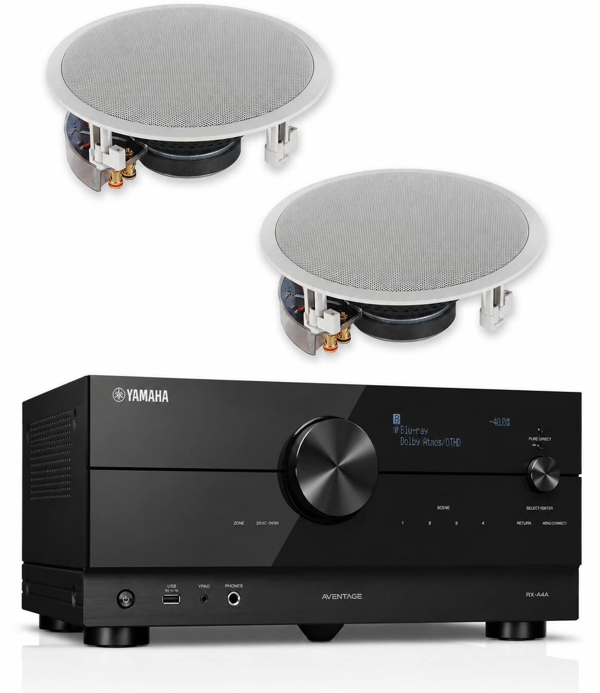 YAMAHA B 7 Blu-ray Dolby Atmos/OTHD 40.0g PL OEC SCENE SELECCANTIR ZONE AC - a a a - MENTOET une ROM YPAO PHONES AVENTAGE RXA-A4A