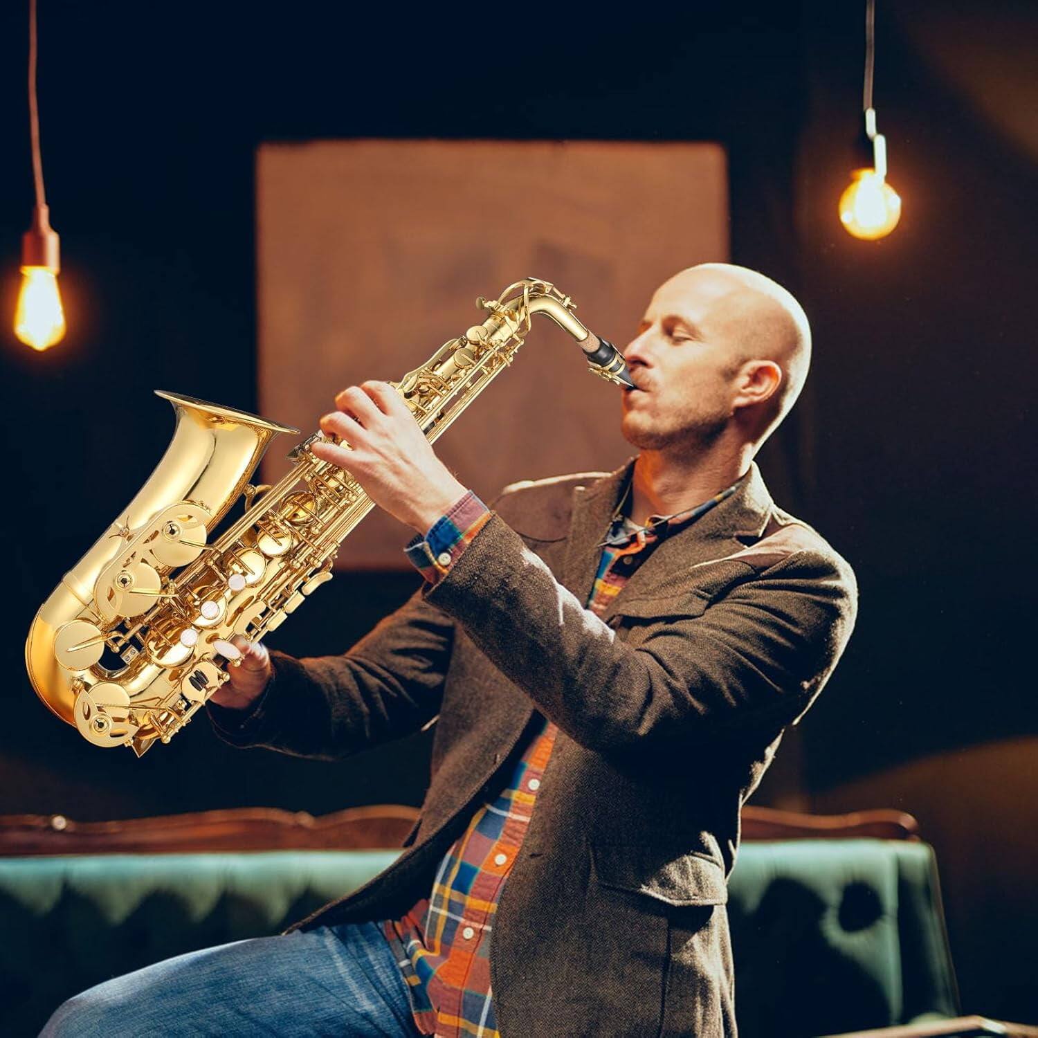 Back. Homhougo - AS-100 Eb Alto Saxophone Kit with Case, Cleaning Cloth, Gloves & Accessories for Beginners - Gold.