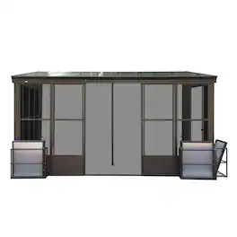Mondawe - 12x14FT All-Season Sunroom, Wall-Mounted Solarium, Detachable Polycarbonate Windows - Dark Brown