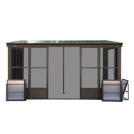 Front. Mondawe - 12x14FT All-Season Sunroom, Wall-Mounted Solarium, Detachable Polycarbonate Windows - Dark Brown.