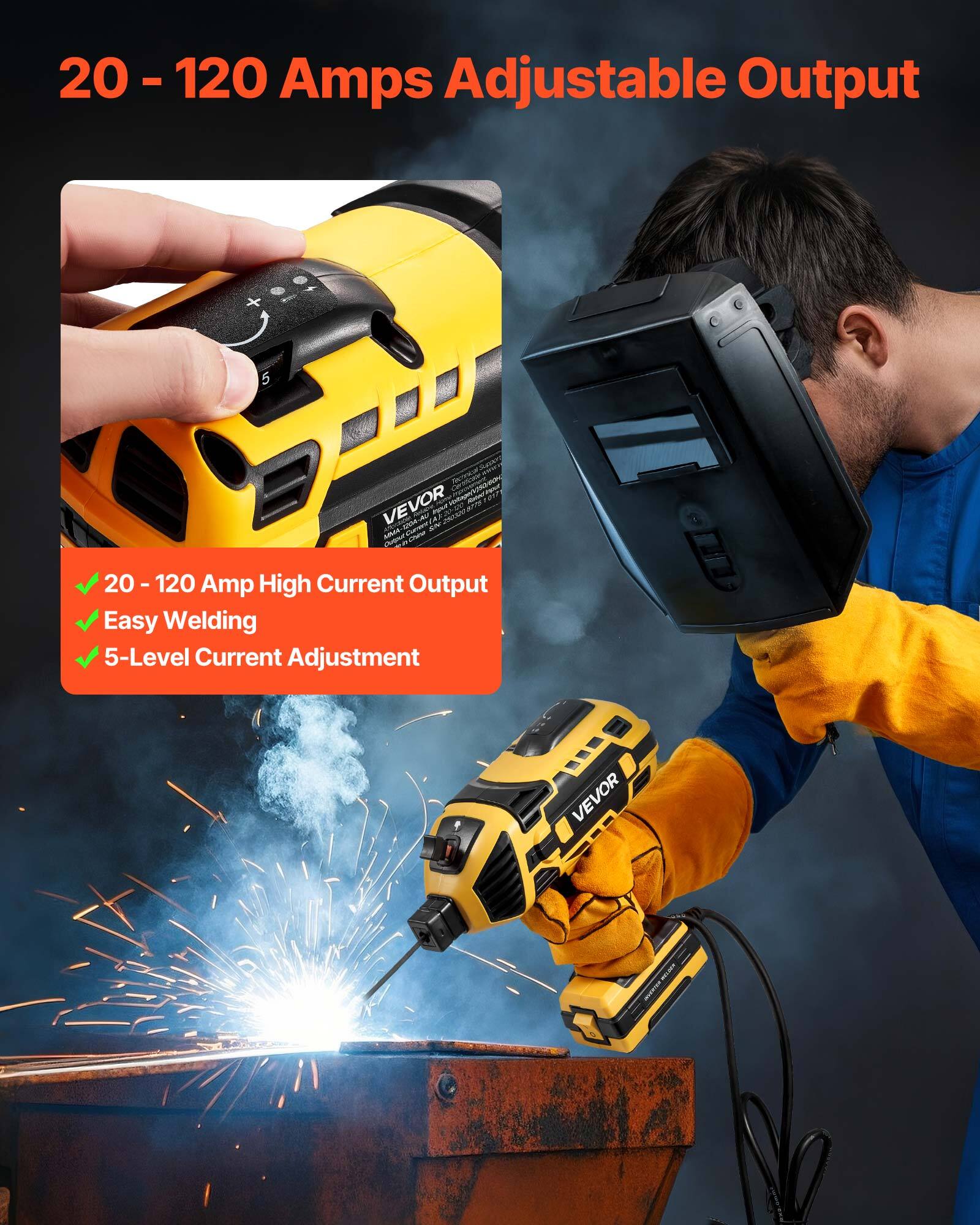 20 - 120 Amps Adjustable Output

- 20 - 120 Amp High Current Output
- Easy Welding
- 5-Level Current Adjustment
