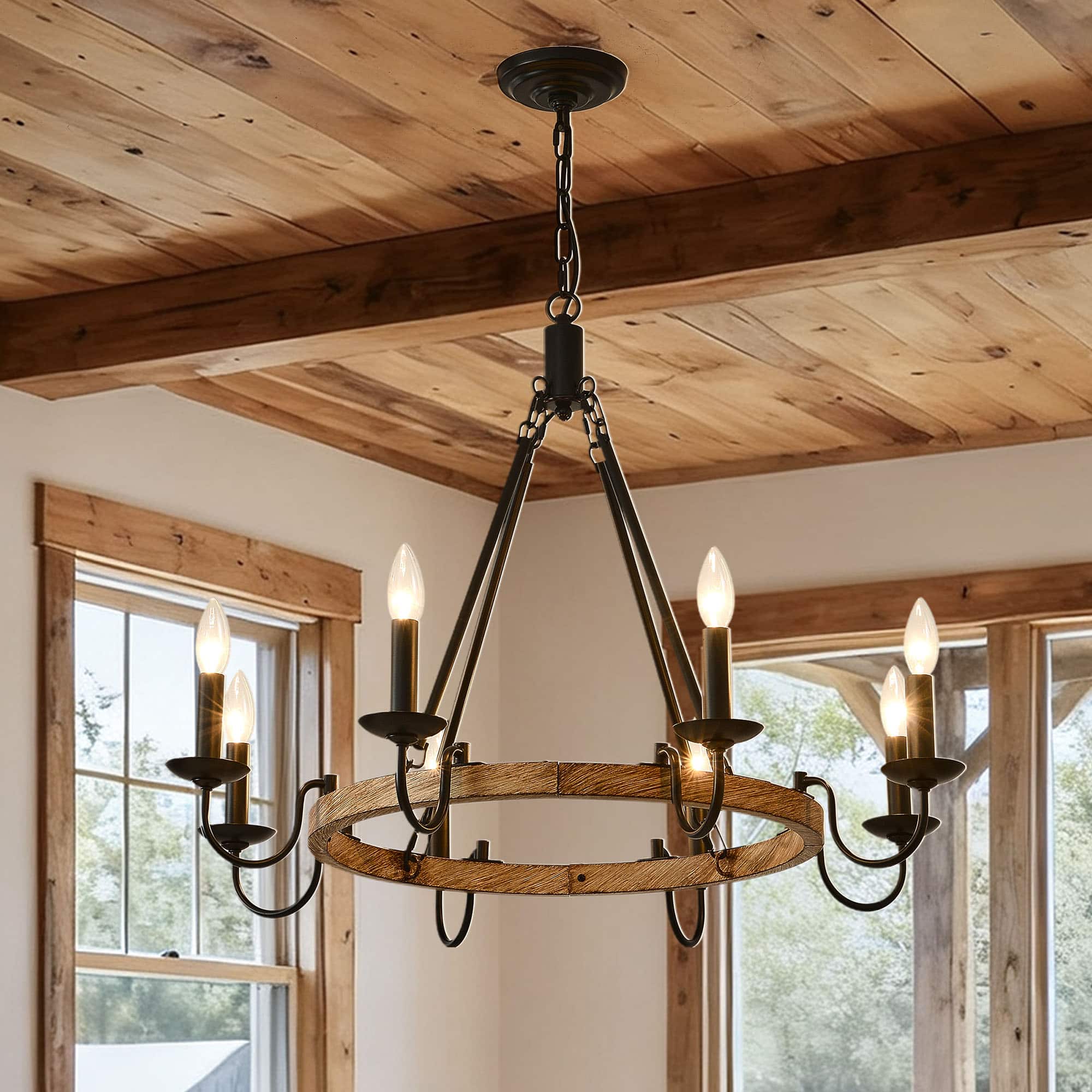 RYHNUYNE - BAOURE 6-Light Rustic Wagon Wheel Chandelier, Farmhouse Dining Room Light Fixture, Round Wood Chandelier for Living Room - Black