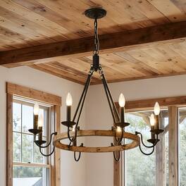RYHNUYNE - BAOURE 6-Light Rustic Wagon Wheel Chandelier, Farmhouse Dining Room Light Fixture, Round Wood Chandelier for Living Room - Black