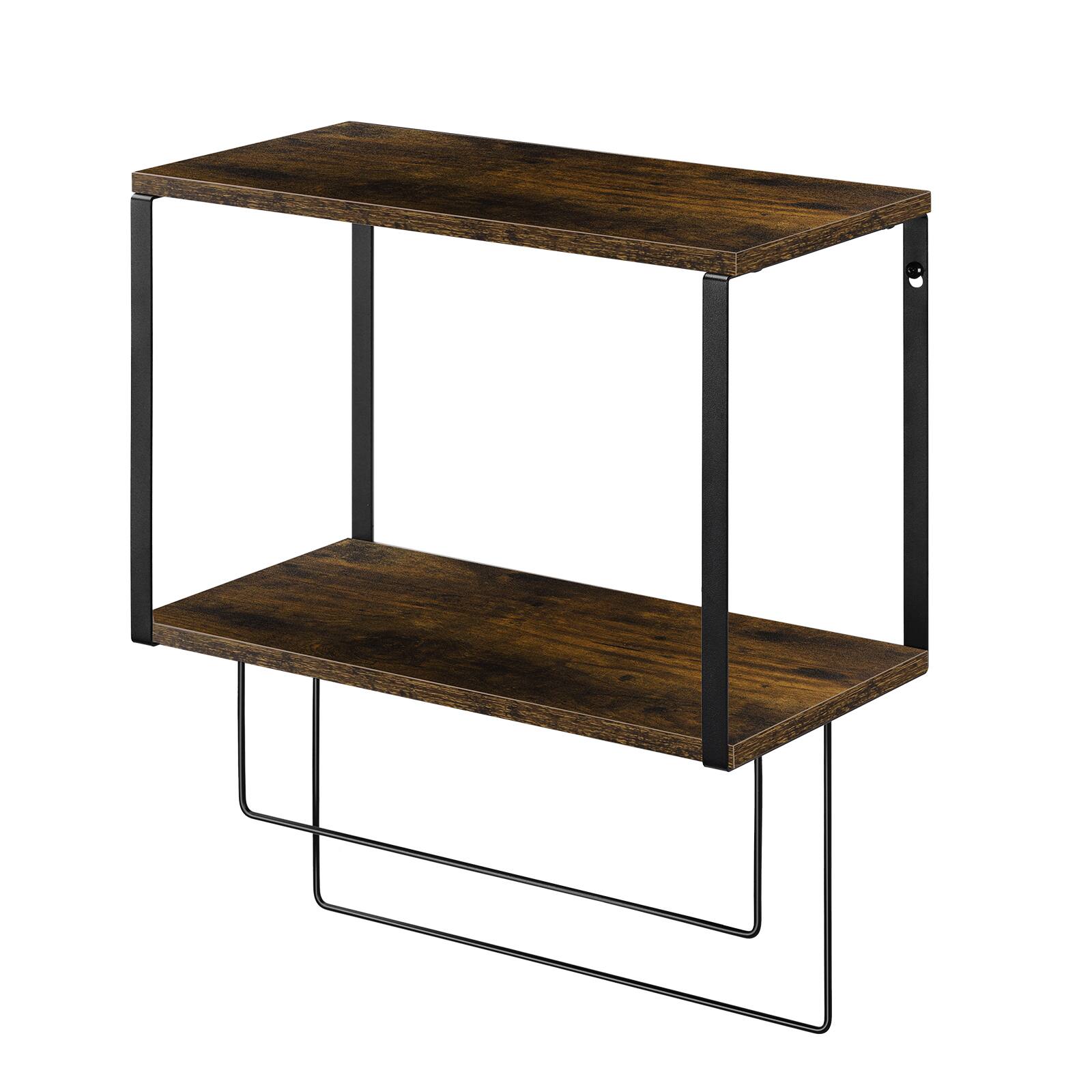 Alt View 2. Oumilen - 2 Tier Rustic Wood Wall Mount Towel Shelf with Double Towel Bars, Matte Black Metal Bathroom Floating Storage Rack - Brown.