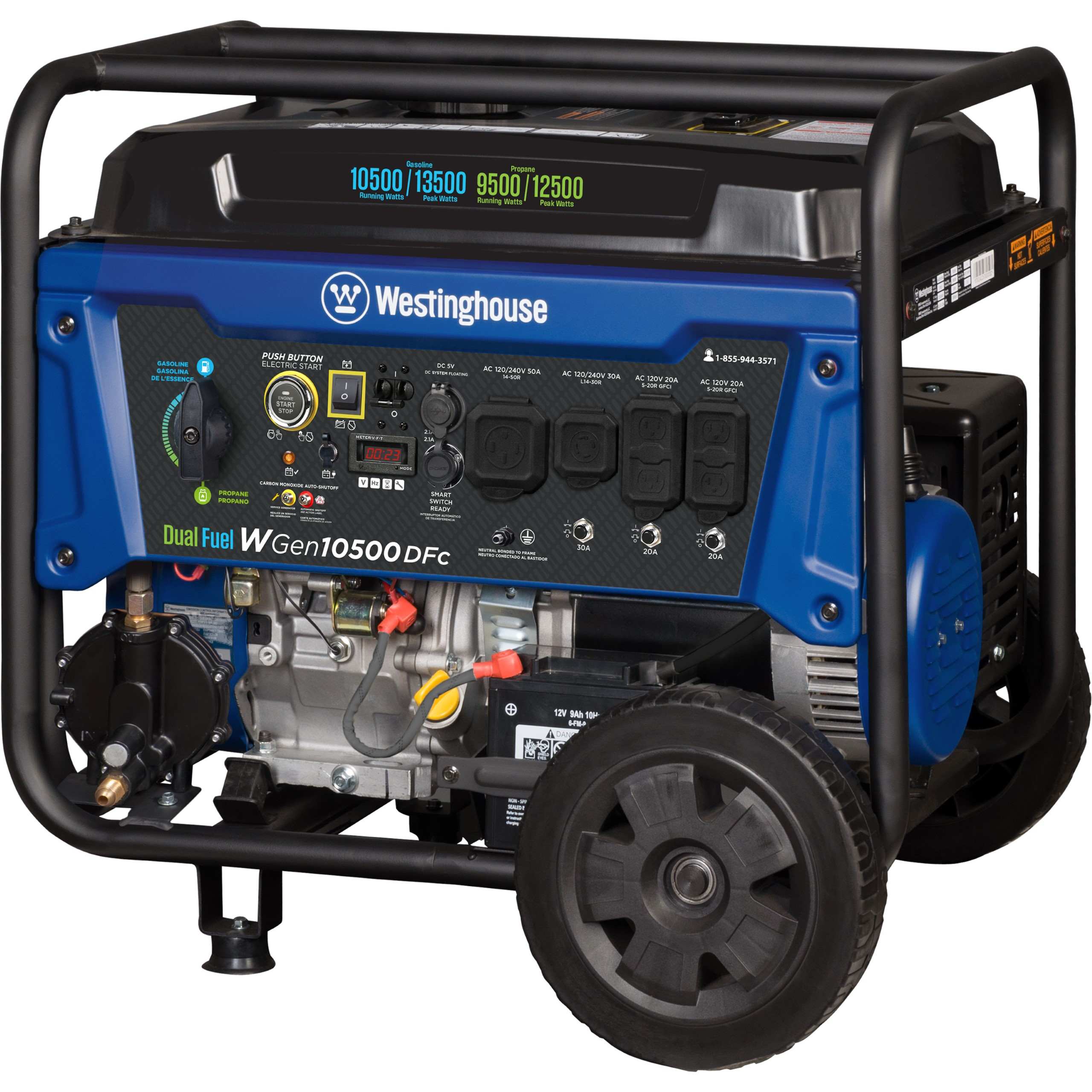 Gensoline Propane 10500 13500 9500 12500 Romesing Watts Propane Watts Running Watts Paok Watts

CASOLI nq O CASOLI Jut X ESSENCE

Westinghouse PUSH BUTTON ELECTRIC START DCSI AC VONSION 504 AC 14-5220 VOACOCK AIR 20 START

AC VOGI 20A 1-200 GAO

1-855-944-3571 AC DDV 22A 3-200 SPC

20 88 20 05 25A 00:23 BY GAMES I : E PROPANE SMART PROPANO SWITCH READY Dual Fuel WGen10500DFc

20A

20A

12V 9Ah