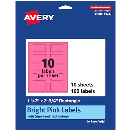 Go to avery.com/templates
AVERY
Use Avery Template Presta® 94230
10 labels per sheet
10 sheets
100 labels
1-1/2" x 2-3/4" Rectangle
Bright Pink Labels with Sure Feed Technology for Laser/Inkjet