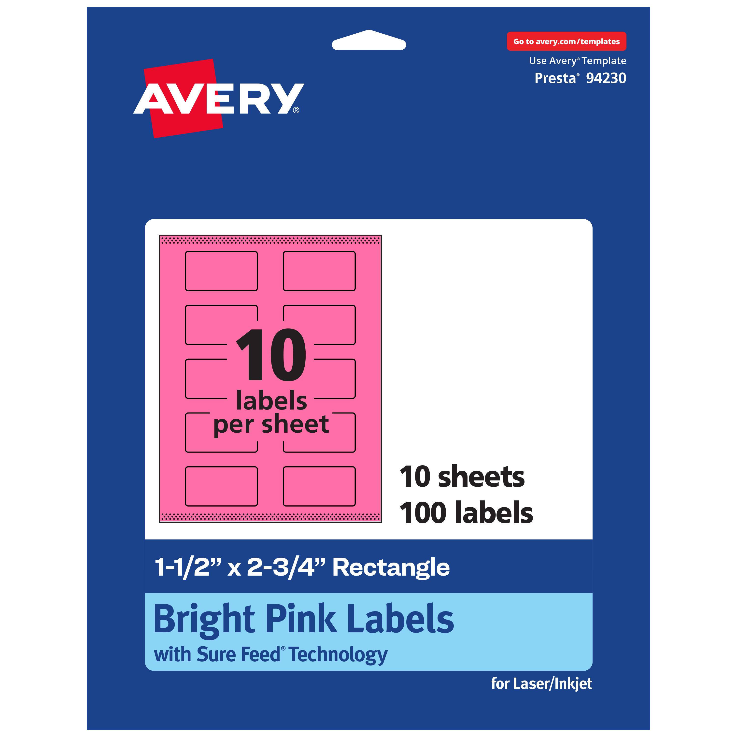 Go to avery.com/templates  
AVERY  
Use Avery Template Presta® 94230  
10 labels per sheet  
10 sheets  
100 labels  
1-1/2" x 2-3/4" Rectangle  
Bright Pink Labels with Sure Feed Technology for Laser/Inkjet