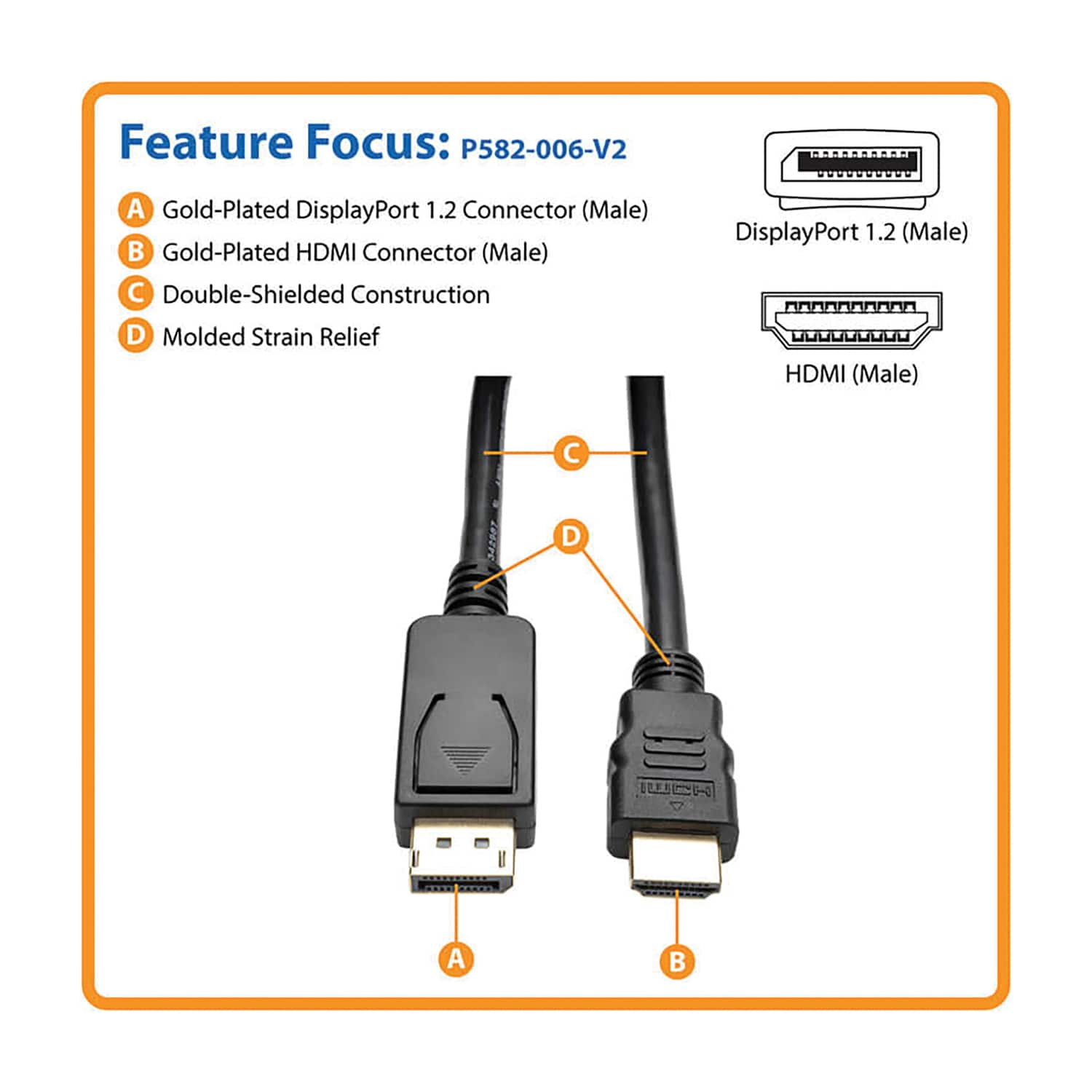Tripp Lite - By Eaton P582-006-v2 4k At 30 Hz Displayport 1.2 Male With Latch To Hdmi Male Adapter Cable, 6 Ft - Black