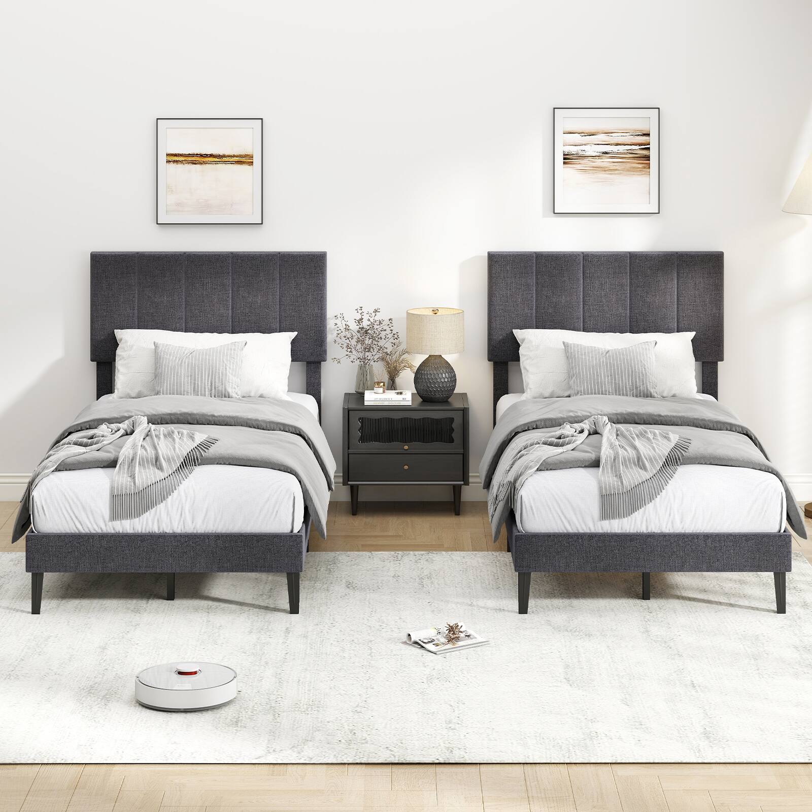 Alt View 4. Costway - Costway Twin Size Bed Frame,Linen Upholstered Platform Bed with Height Adjustable Headboard - Gray.
