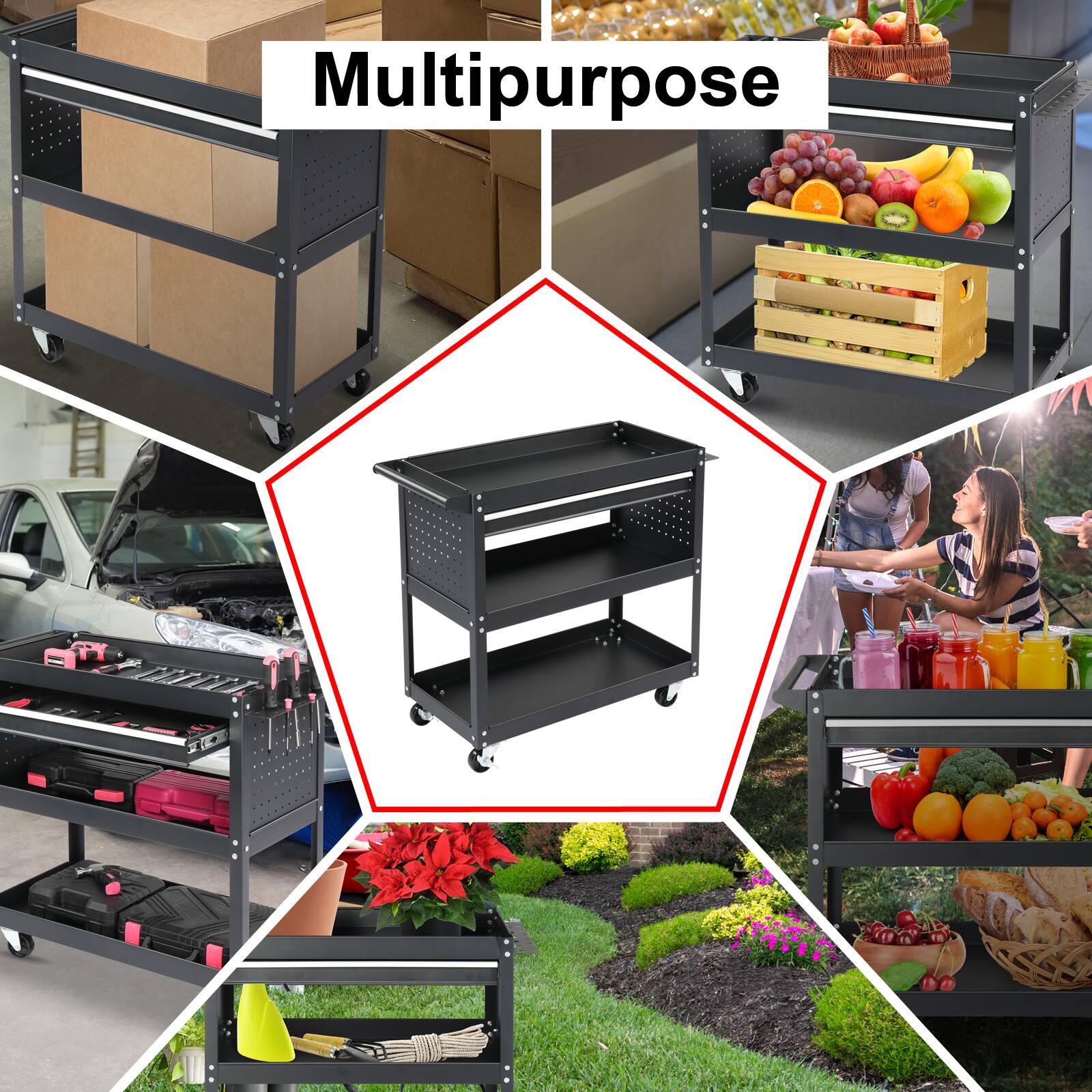 Left. Winado - 3 Tier Rolling Tool Cart Heavy Duty with Locking Wheels & Pegboard Sides &  Drawer & 4 Hooks for Garage and Workshop New - Black.