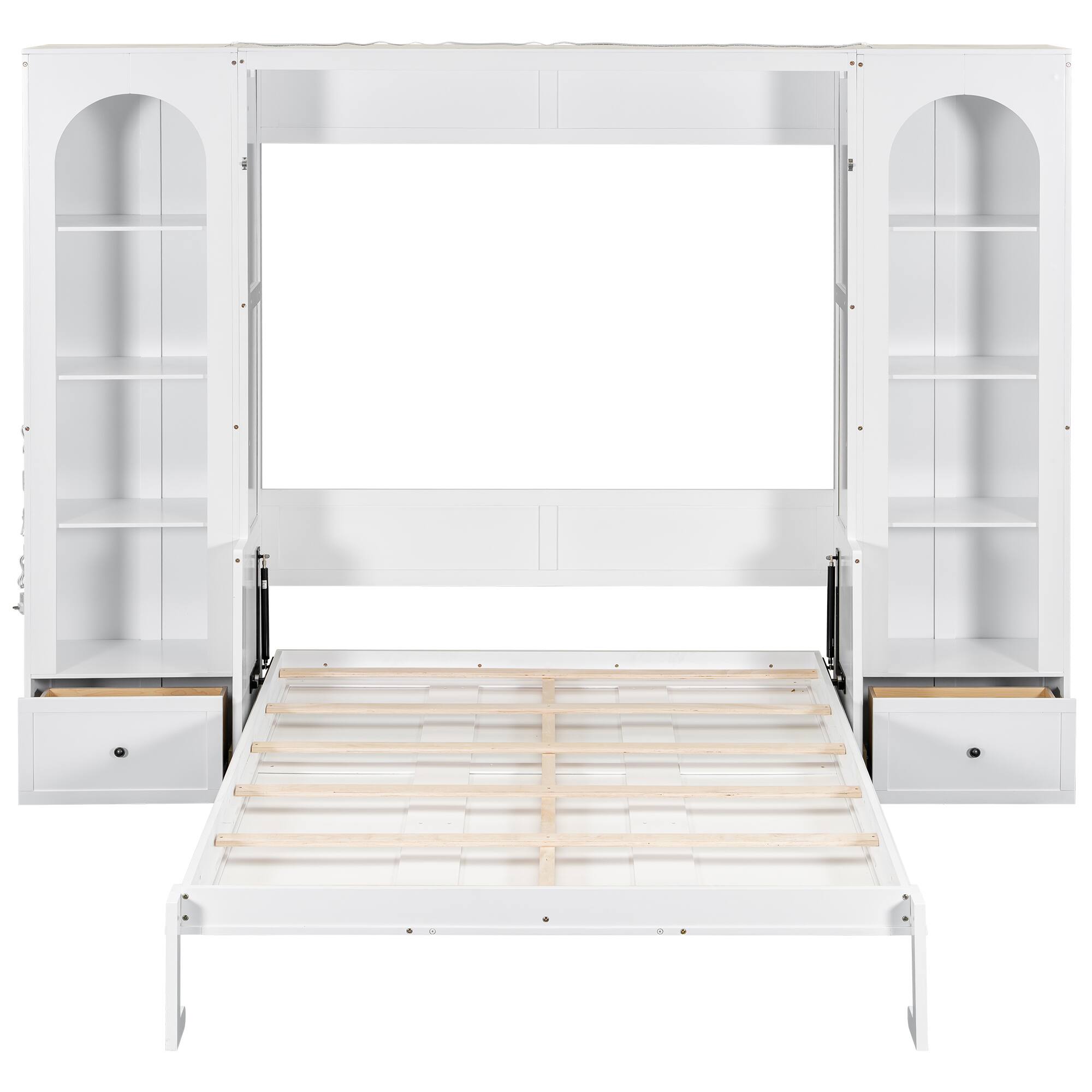 Alt View 1. Whisen - Queen Size Murphy Bed with Shelves, Storage Cabinets, Drawers & LED Lights, Wood Platform Bed - White.