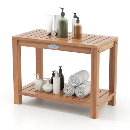 Front. Gymax - Gymax 24 Inch Teak Wood Shower Bench Inside Shower Stool w/ Storage Shelf for Adults - Teak.