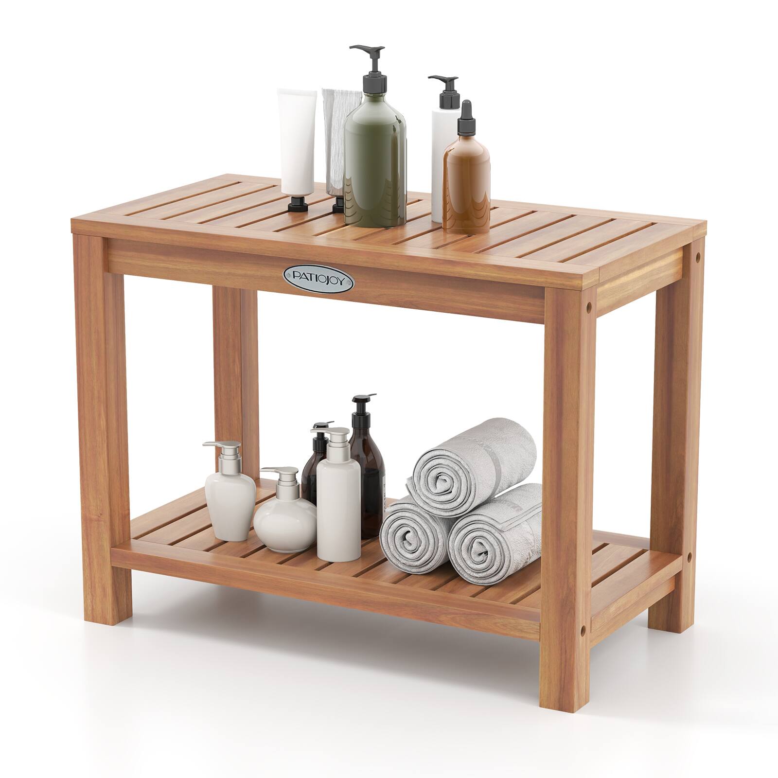 Front. Gymax - Gymax 24 Inch Teak Wood Shower Bench Inside Shower Stool w/ Storage Shelf for Adults - Teak.
