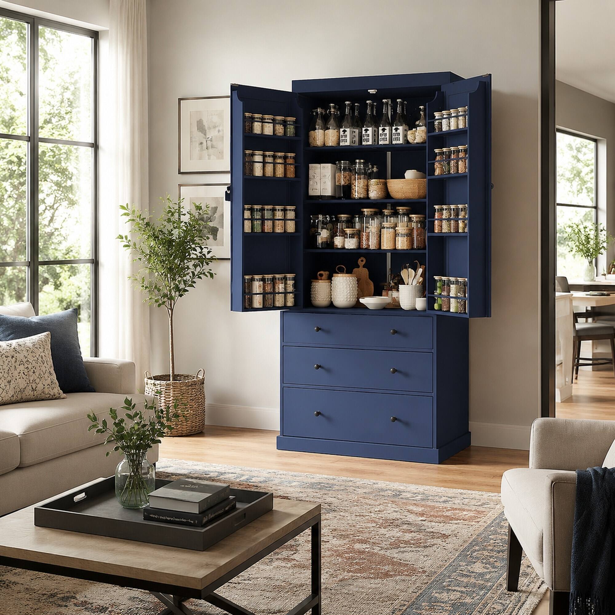 RYHNUYNE Freestanding 77 Inch Farmhouse Kitchen Pantry Cabinet with 3 ...
