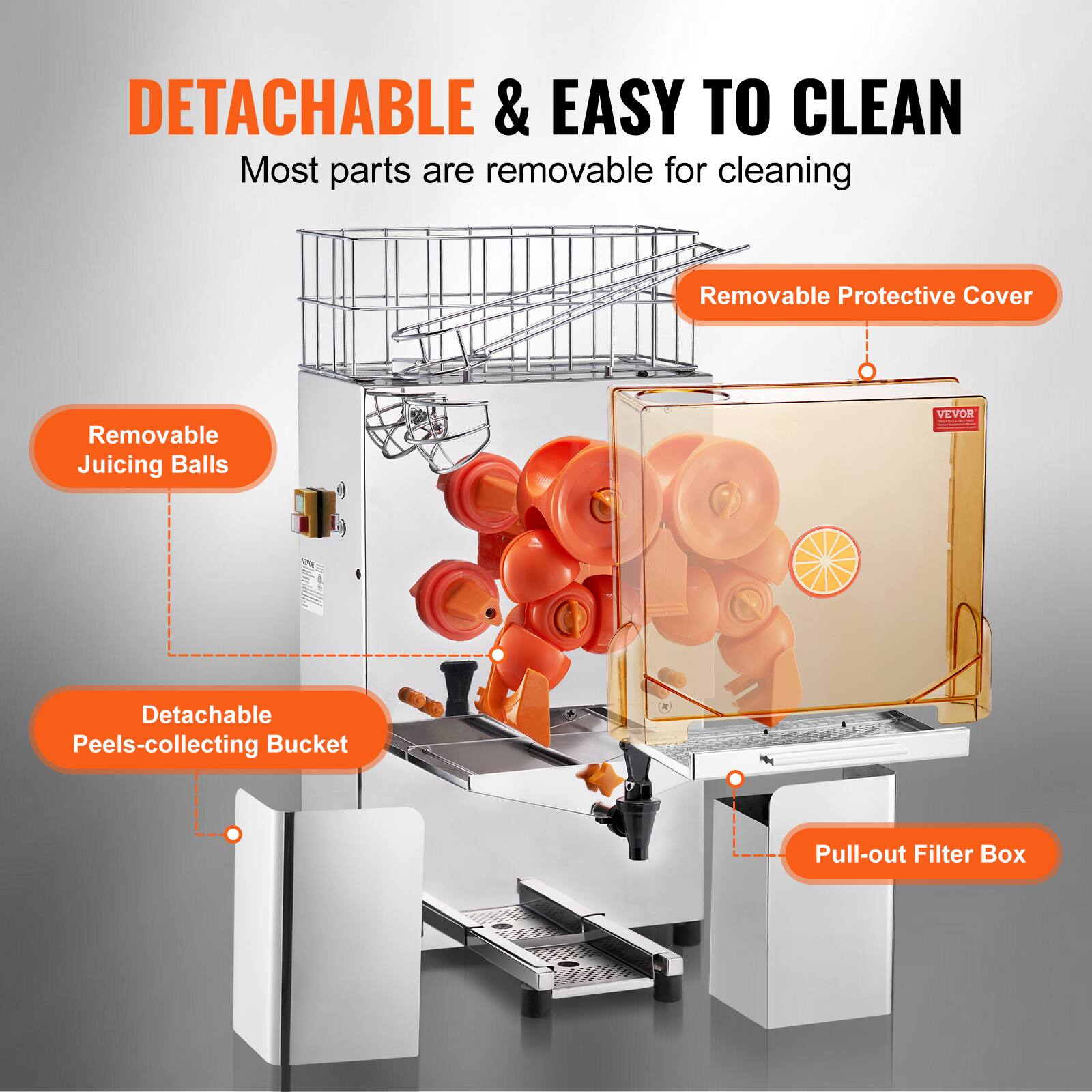 DETACHABLE & EASY TO CLEAN  
Most parts are removable for cleaning  

- Removable Protective Cover  
- Removable Juicing Balls  
- Detachable Peels-collecting Bucket  
- Pull-out Filter Box
