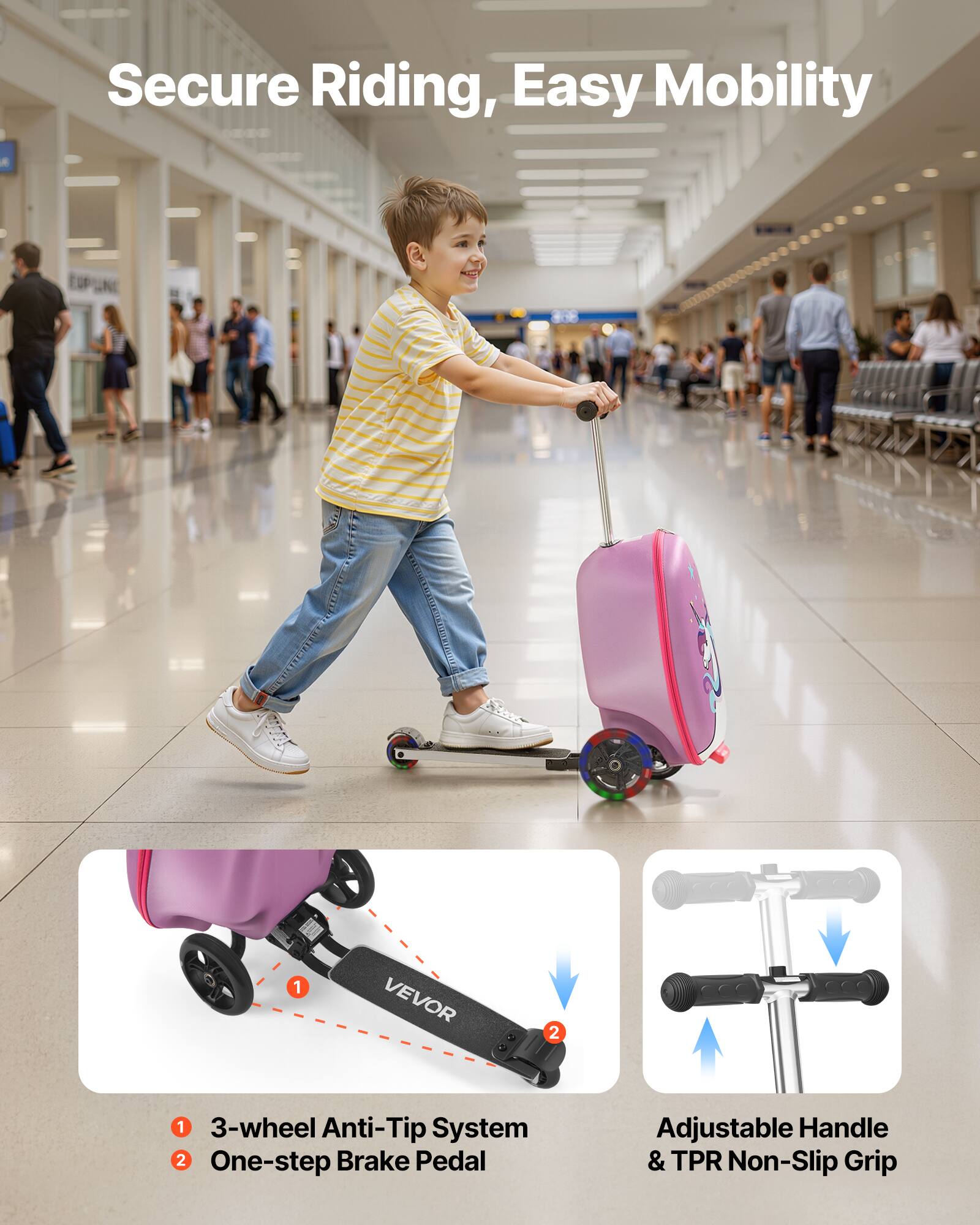 Secure Riding, Easy Mobility

1. 3-wheel Anti-Tip System
2. One-step Brake Pedal

Adjustable Handle & TPR Non-Slip Grip