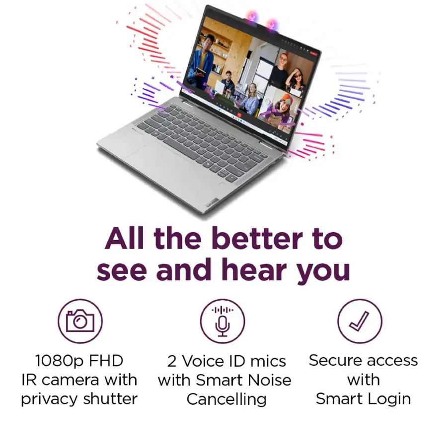 All the better to see and hear you. 1080p FHD 2 Voice ID mics. Secure access. IR camera with Smart Noise Cancelling. Privacy shutter. Smart Login.